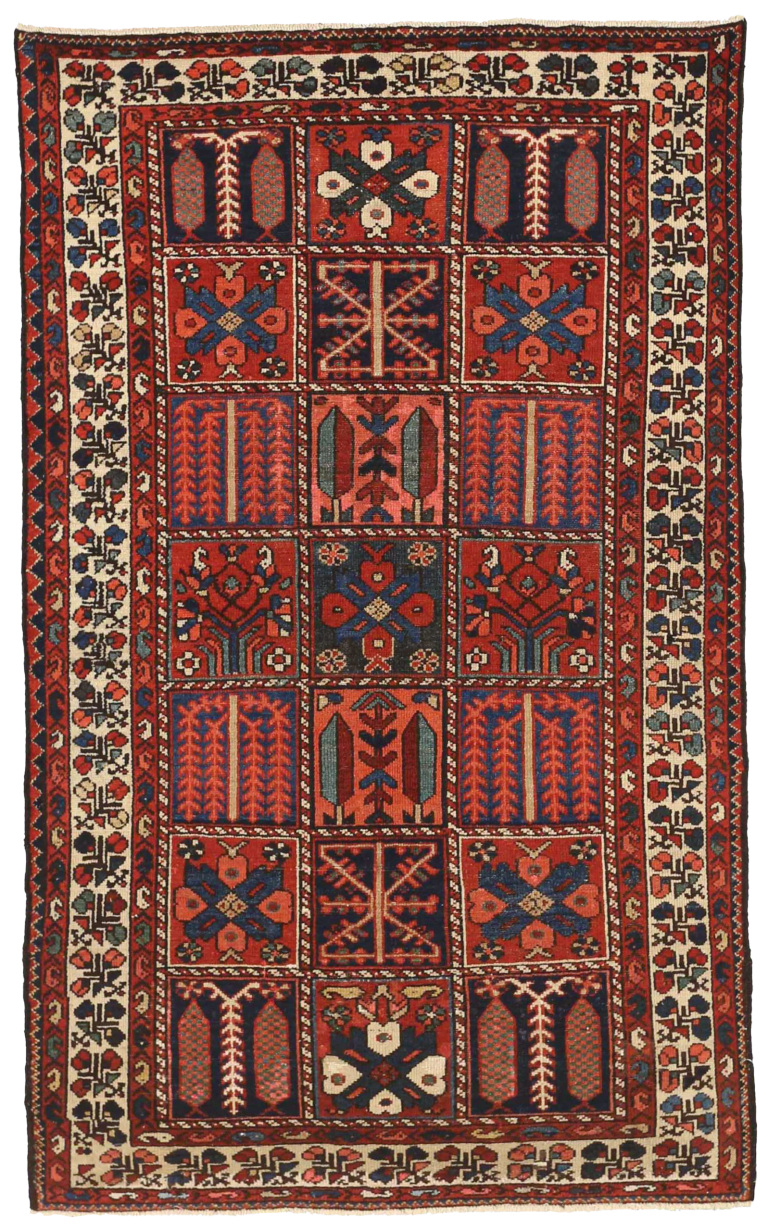 Persian Bakhtiar Red with Navy Blue, Ivory and Green Tribal Small Rug Antique Paneled Garden Design with Stylized Trees and Floral Geometrics SKU 53971