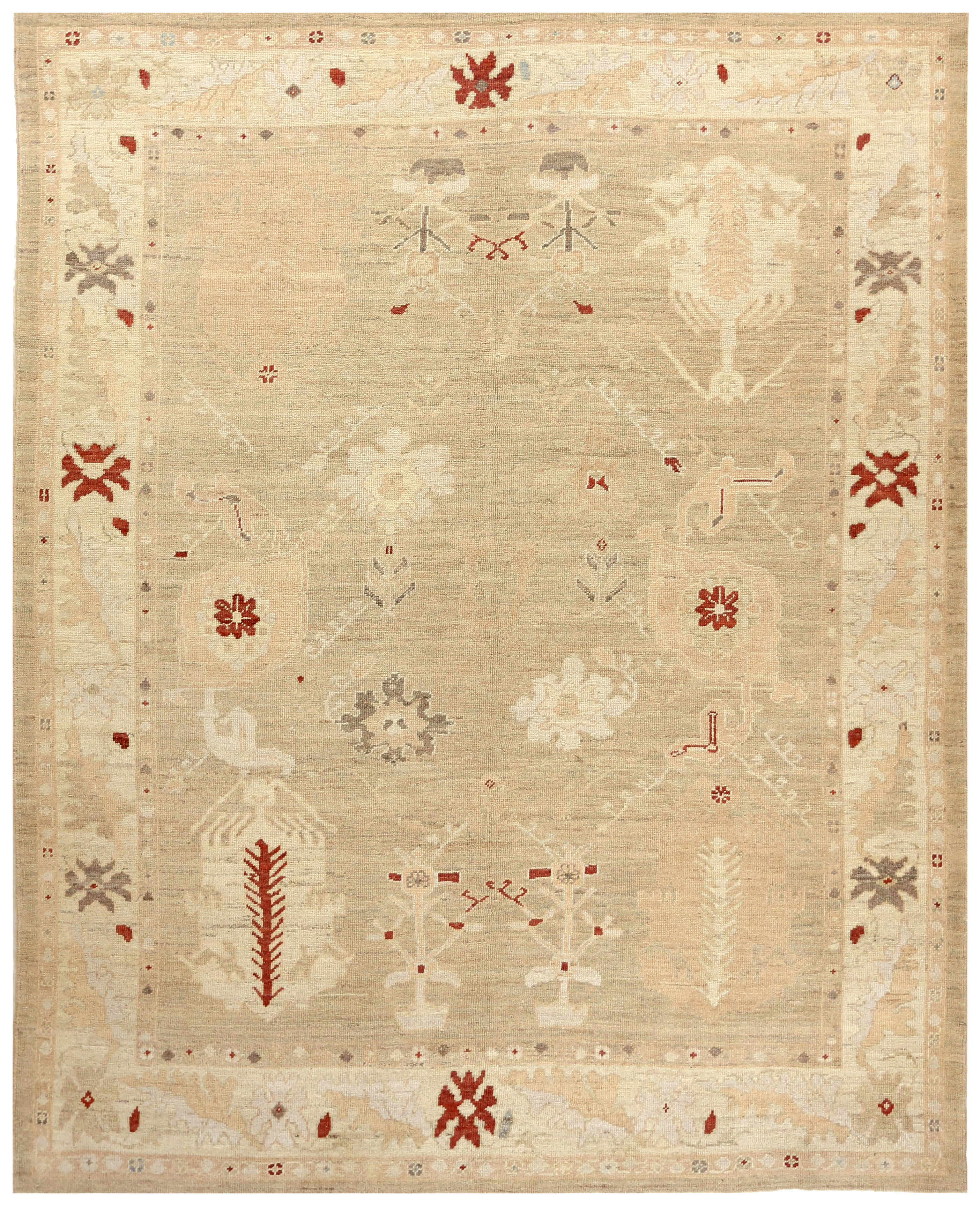 Persian Oushak beige with ivory, red and gray accents, tribal area rug, contemporary, with scattered geometric and stylized floral motifs SKU 88095