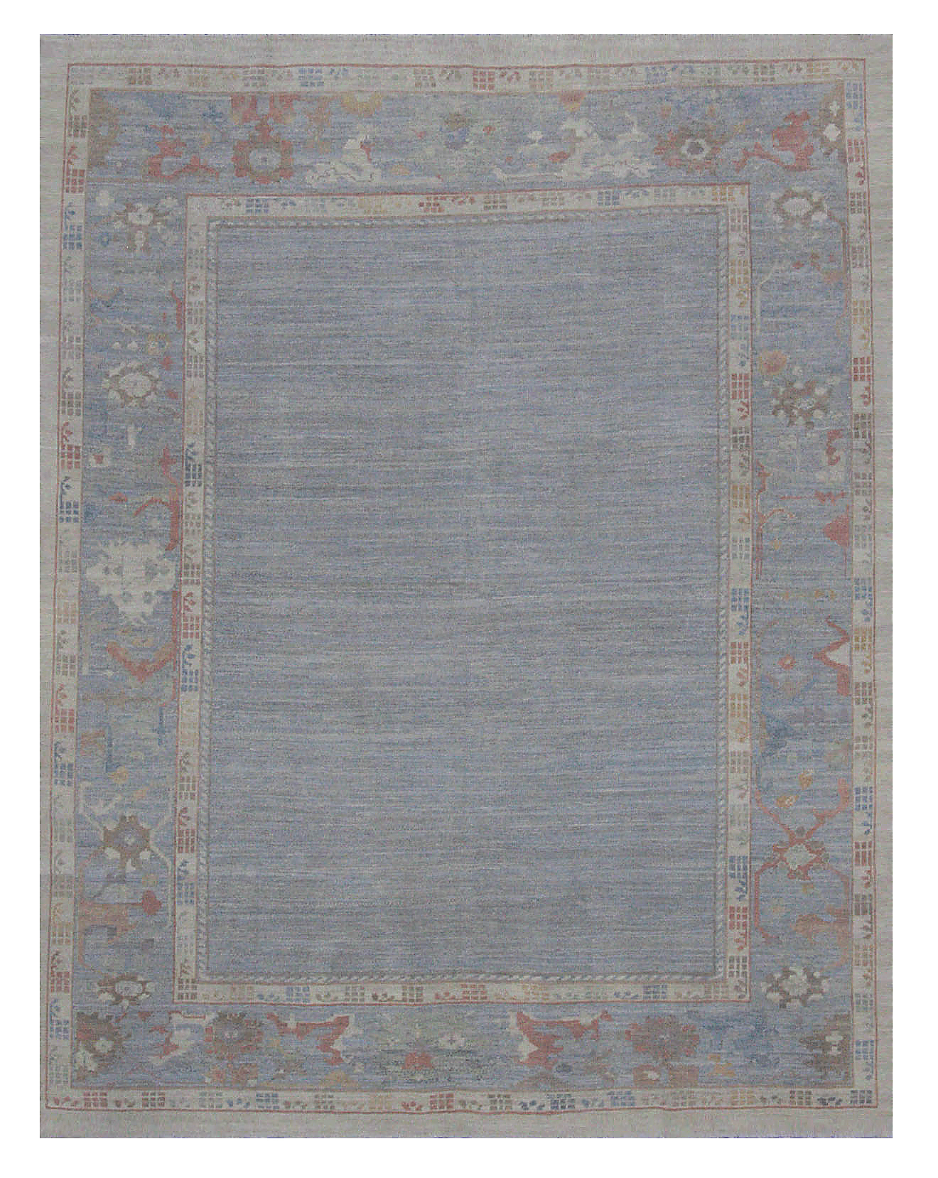 Turkey Oushak blue with pastel beige and coral traditional area contemporary rug with wide geometric floral border motifs SKU 88250