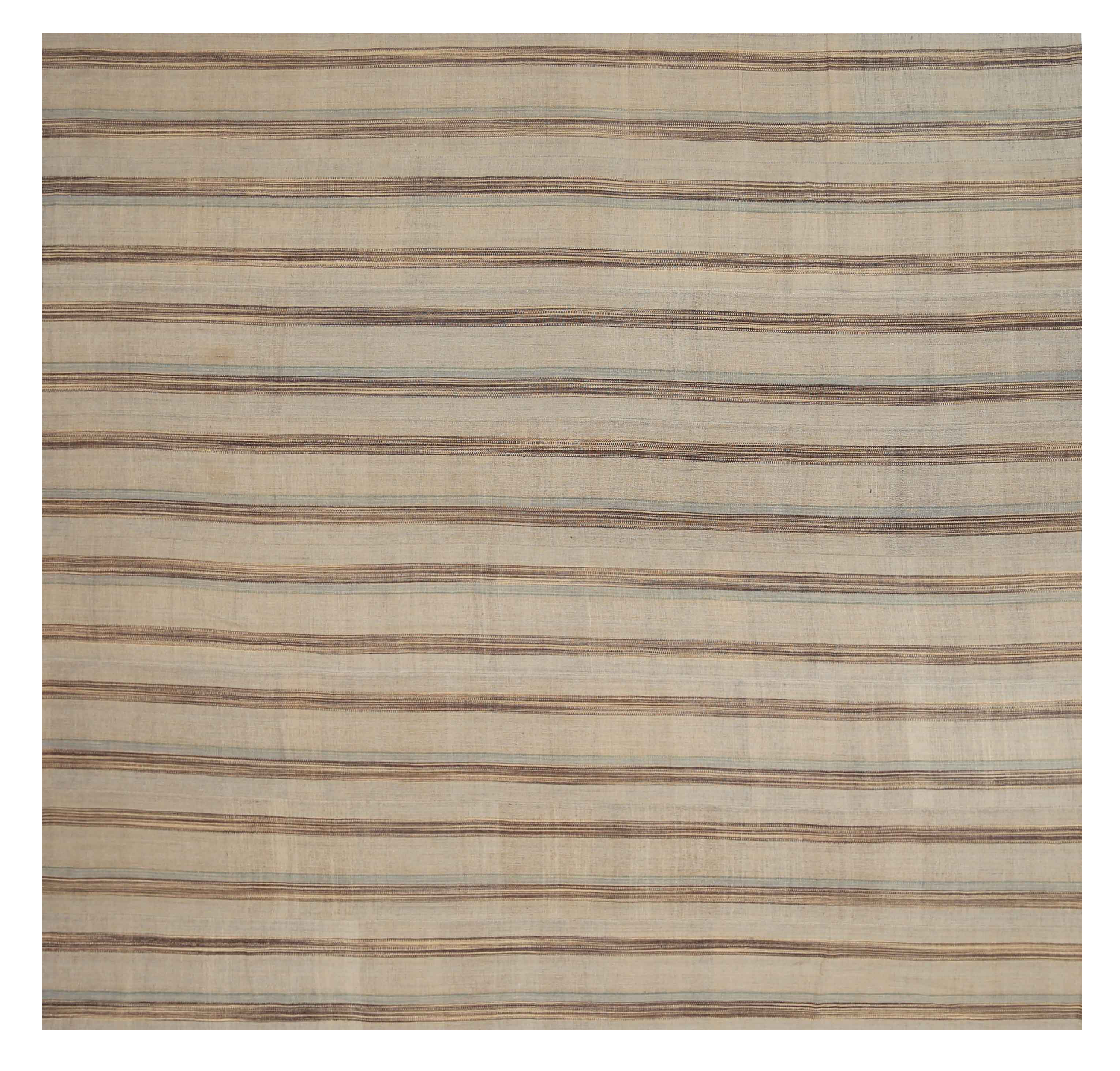 Turkey beige with brown and blue accents tribal oversize square antique rug with horizontal stripe field SKU 88402