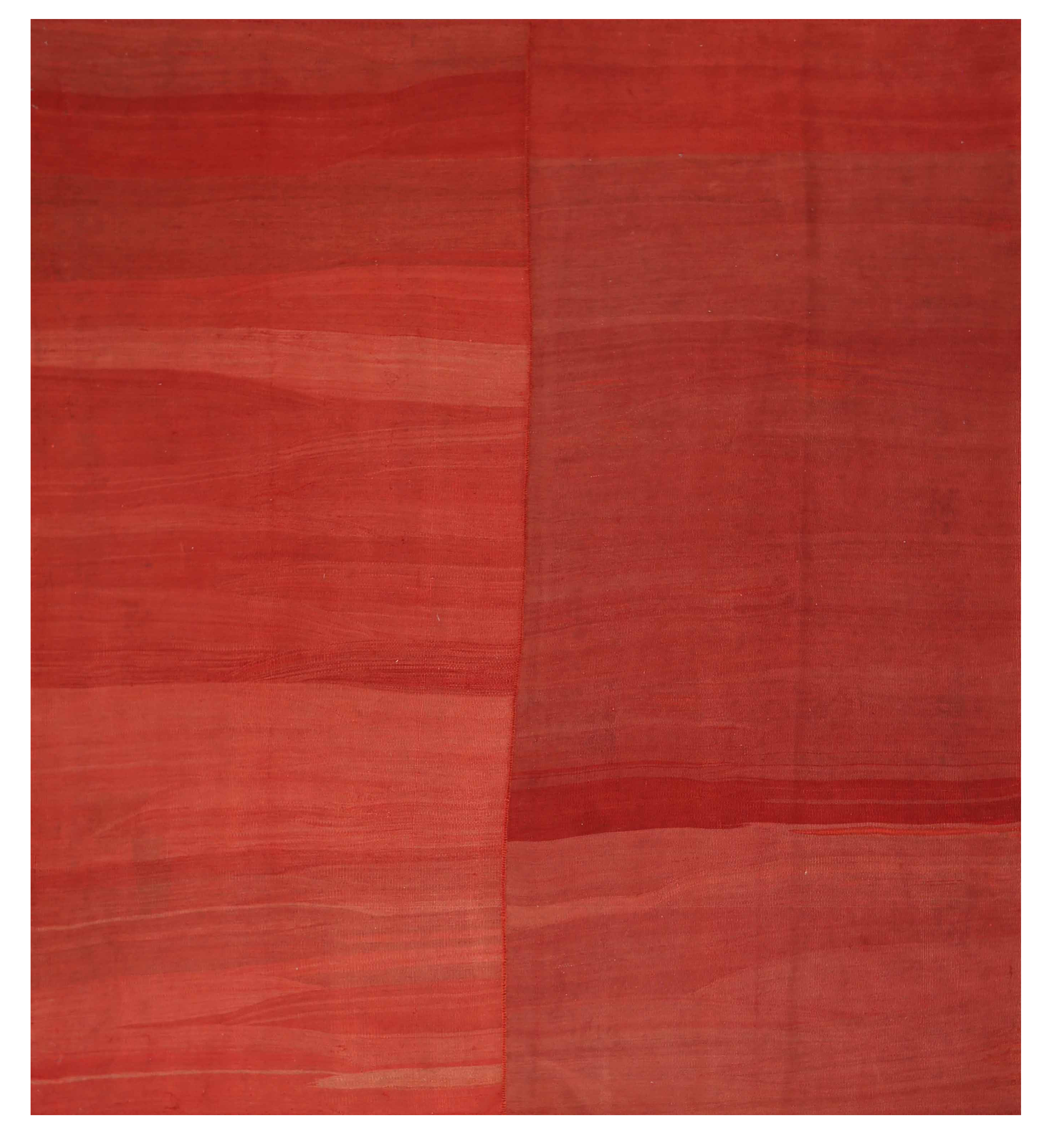 Turkey red with tonal orange accents, modern minimalist antique area rug with subtle striated field panels SKU 88420