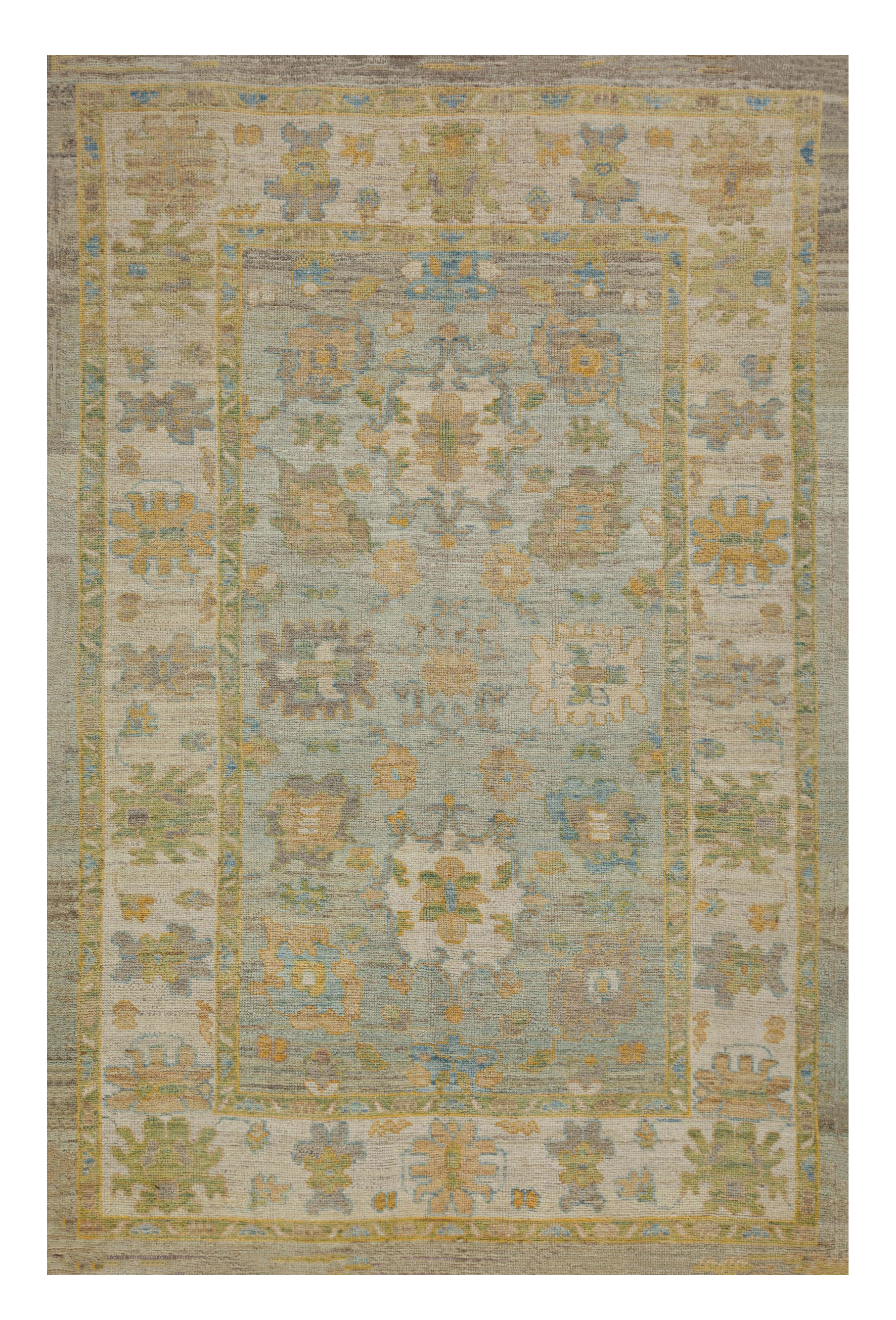 Turkey light blue with beige and gold accents traditional area contemporary rug with geometric palmettes and stylized floral motifs SKU 88558