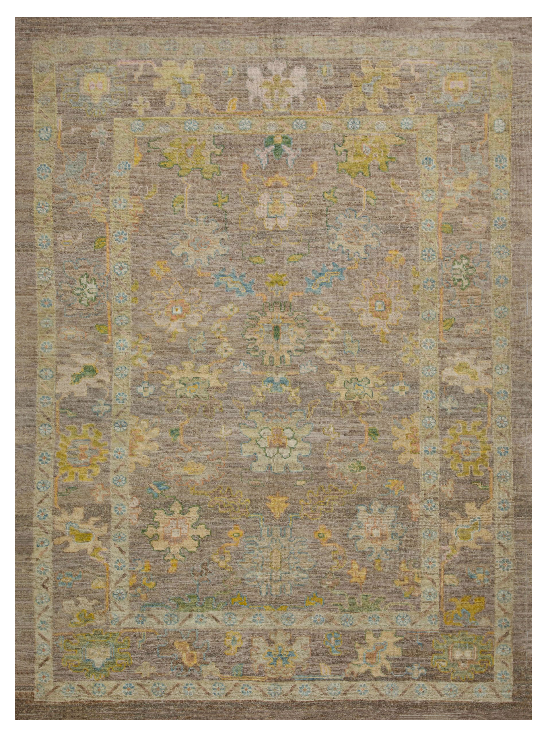 Turkey taupe with soft green, yellow and aqua accents traditional area new rug with stylized floral and geometric allover motifs SKU 88577