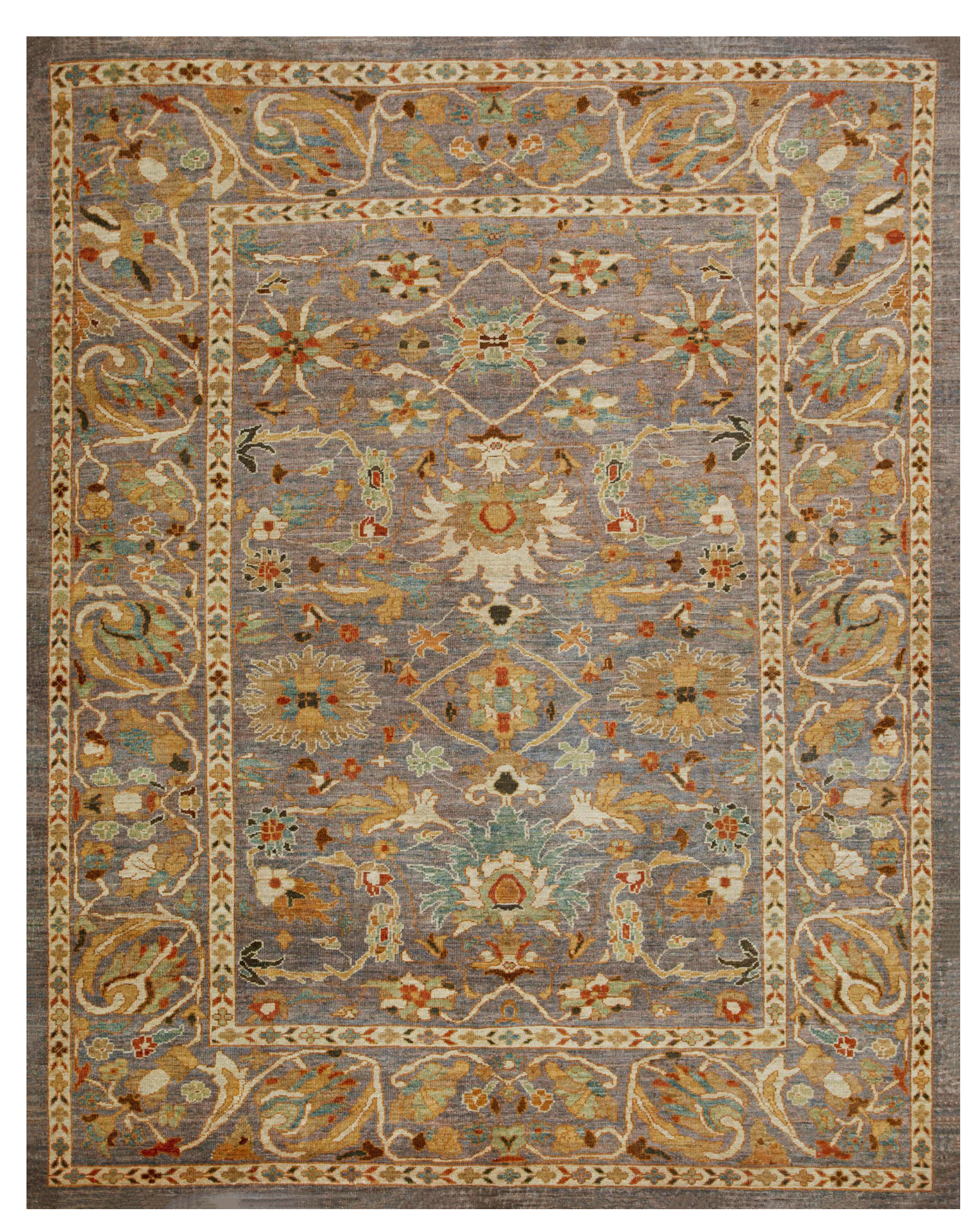 Turkey Sultanabad Blue with Ivory and Gold Accents Traditional Area Contemporary Floral Allover with Palmettes and Scrolling Vines SKU 88647