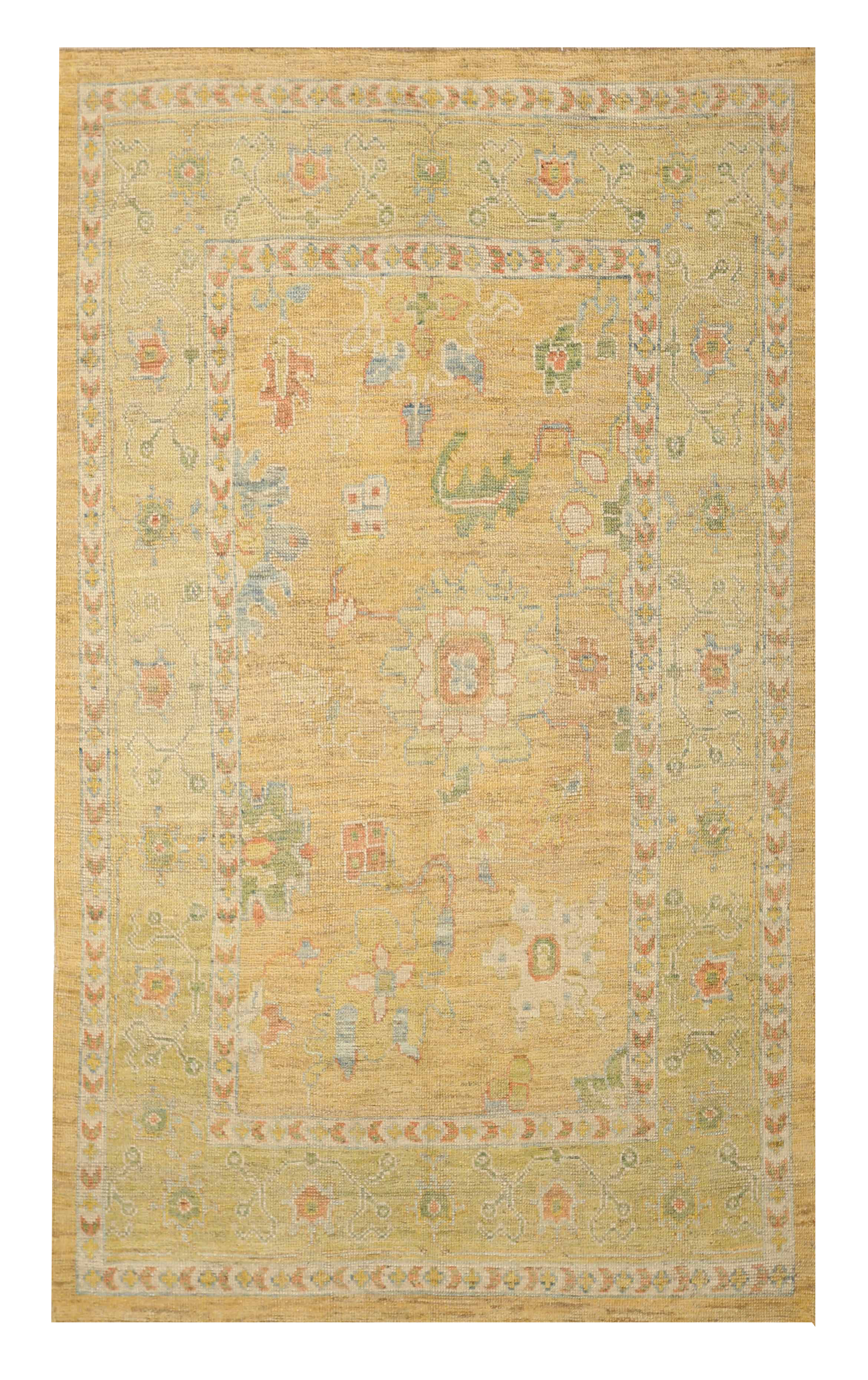 Turkey yellow with pastel green and soft multicolor accents traditional area new rug with floral and geometric allover motifs SKU 88731