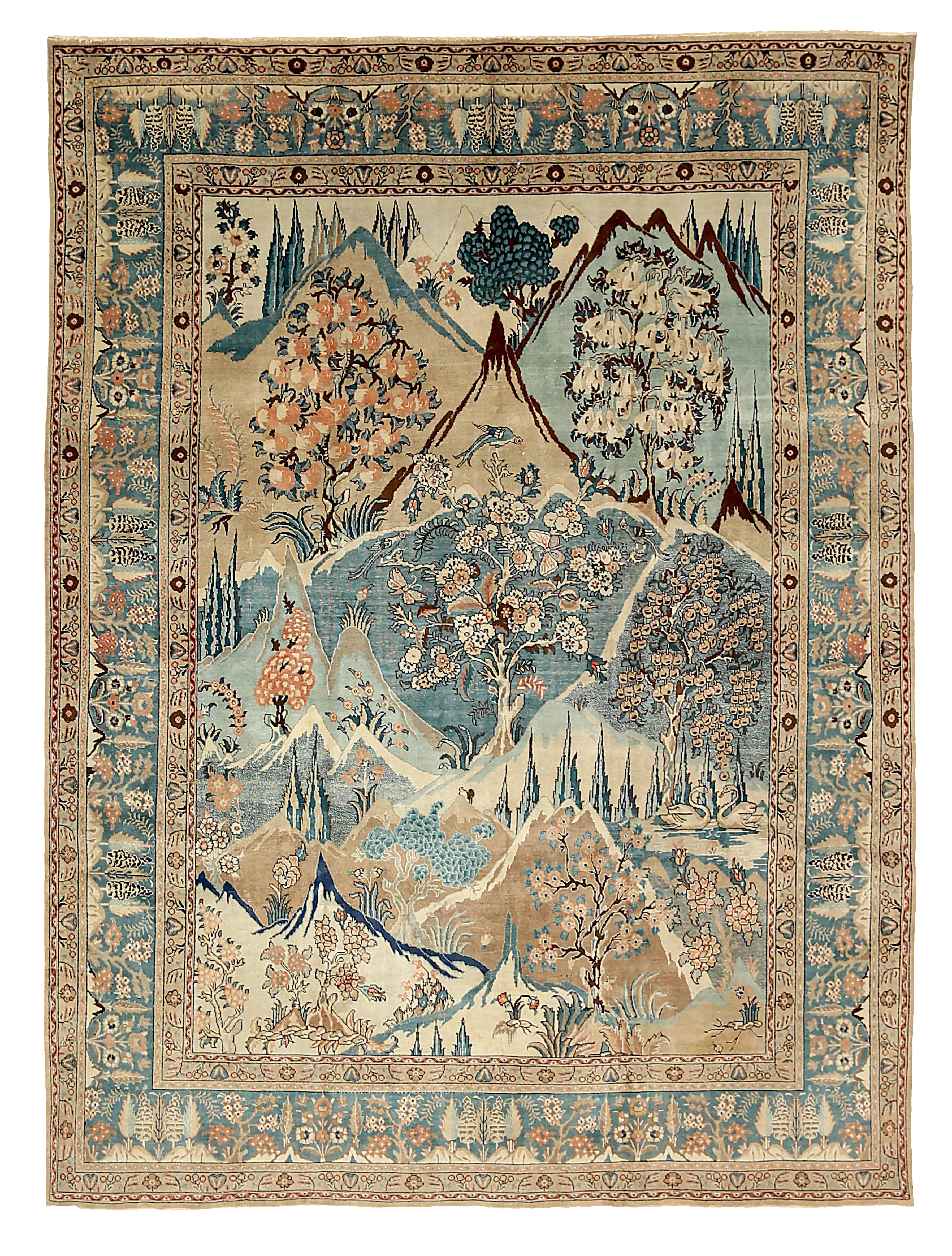 Persian Tabriz blue and beige with rust accents traditional area antique landscape garden and tree of life motifs SKU 88803