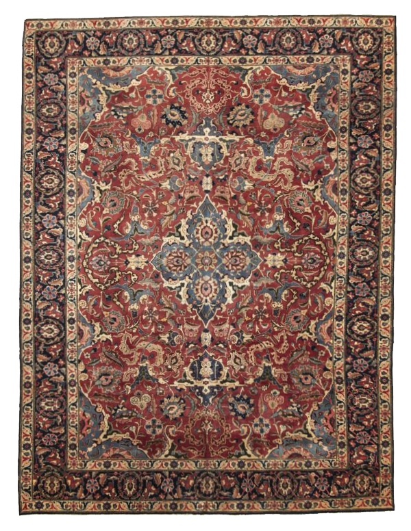 Persian (Tabriz) red with navy and cream traditional area antique rug with central medallion, floral palmettes, and scrolling vine motifs SKU 88805