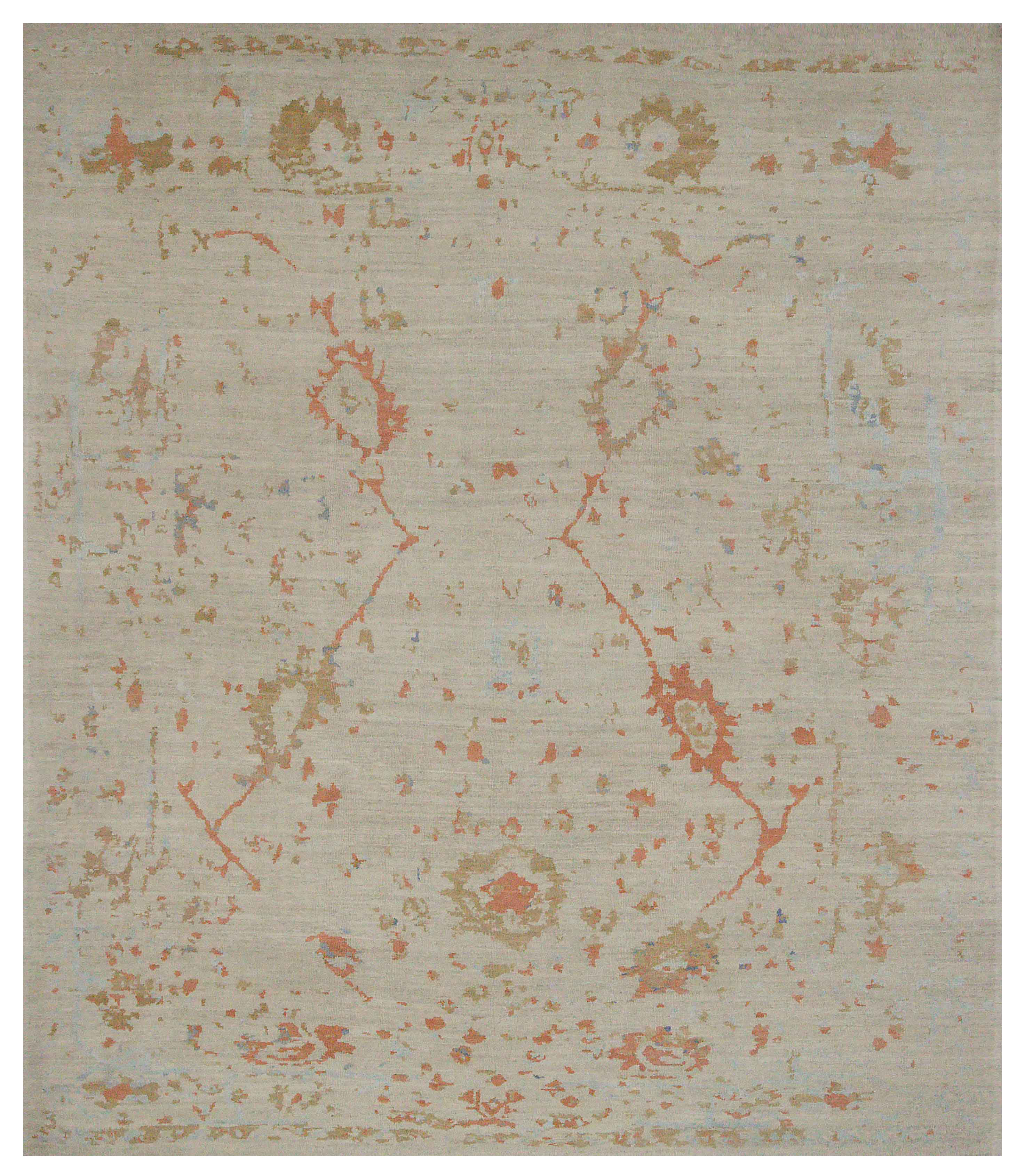 Persian Oushak beige with coral and gold accents traditional oversize area new rug with scattered floral and palmette motifs SKU 88970