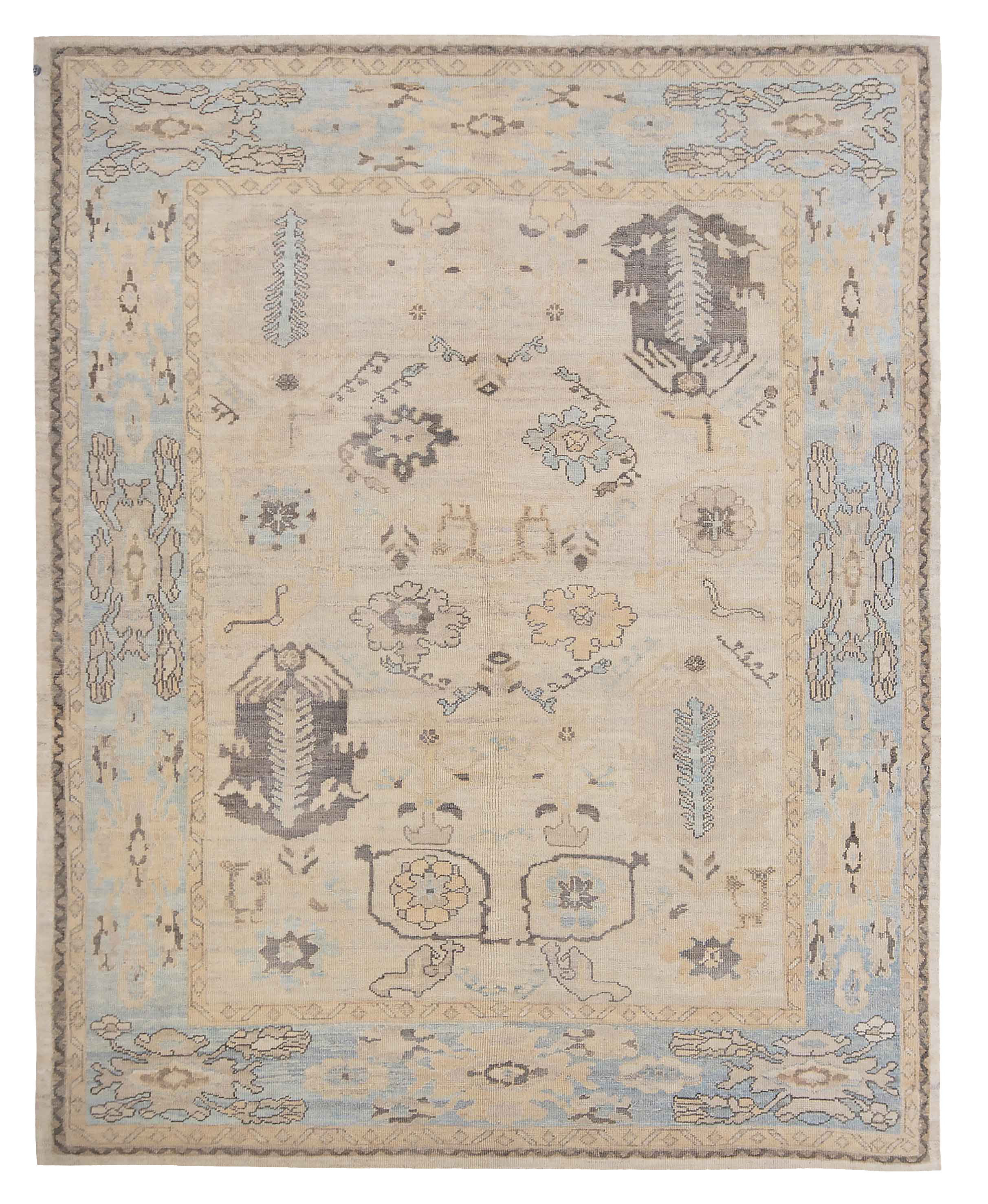 Persian Oushak beige with light blue and taupe traditional area new rug with stylized floral and geometric palmette motifs SKU 89006