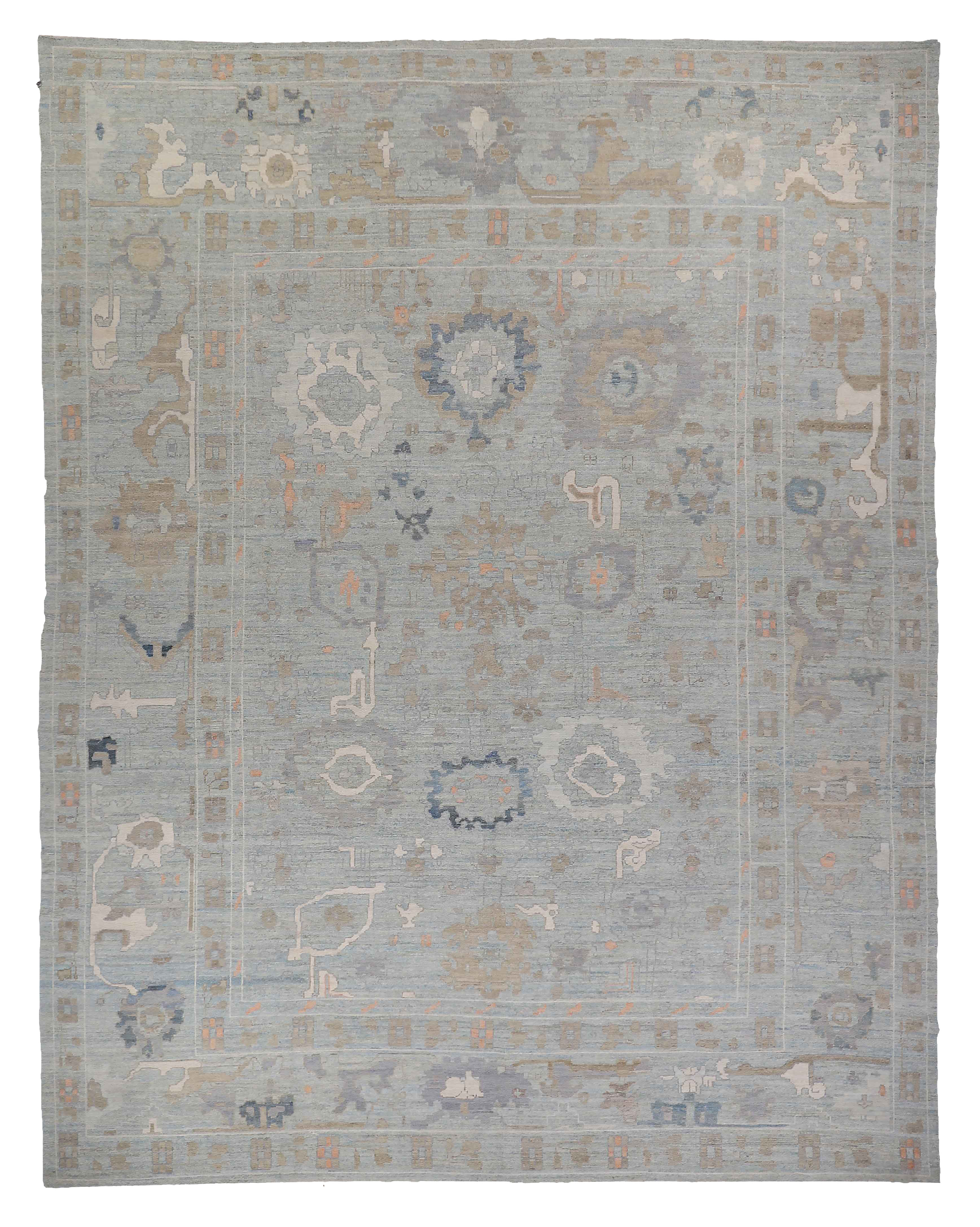 Persian Oushak Light Blue with Beige and Soft Peach Traditional Oversize Contemporary Rug with Geometric Palmettes and Stylized Floral Allover Design SKU 89021