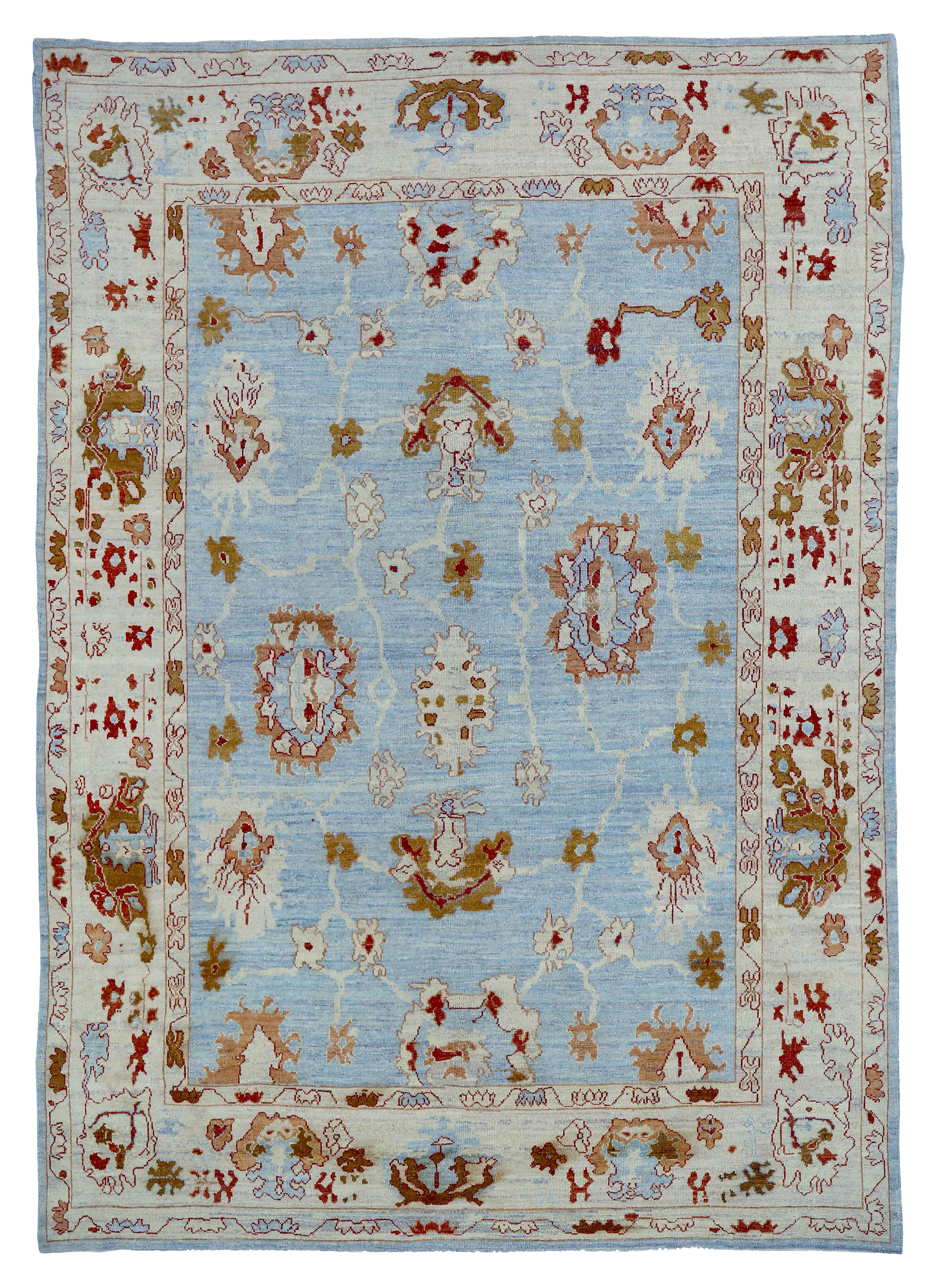 Persian (Oushak) light blue with ivory, rust, and olive traditional oversize area contemporary rug with scattered geometric and stylized floral motifs SKU 89023