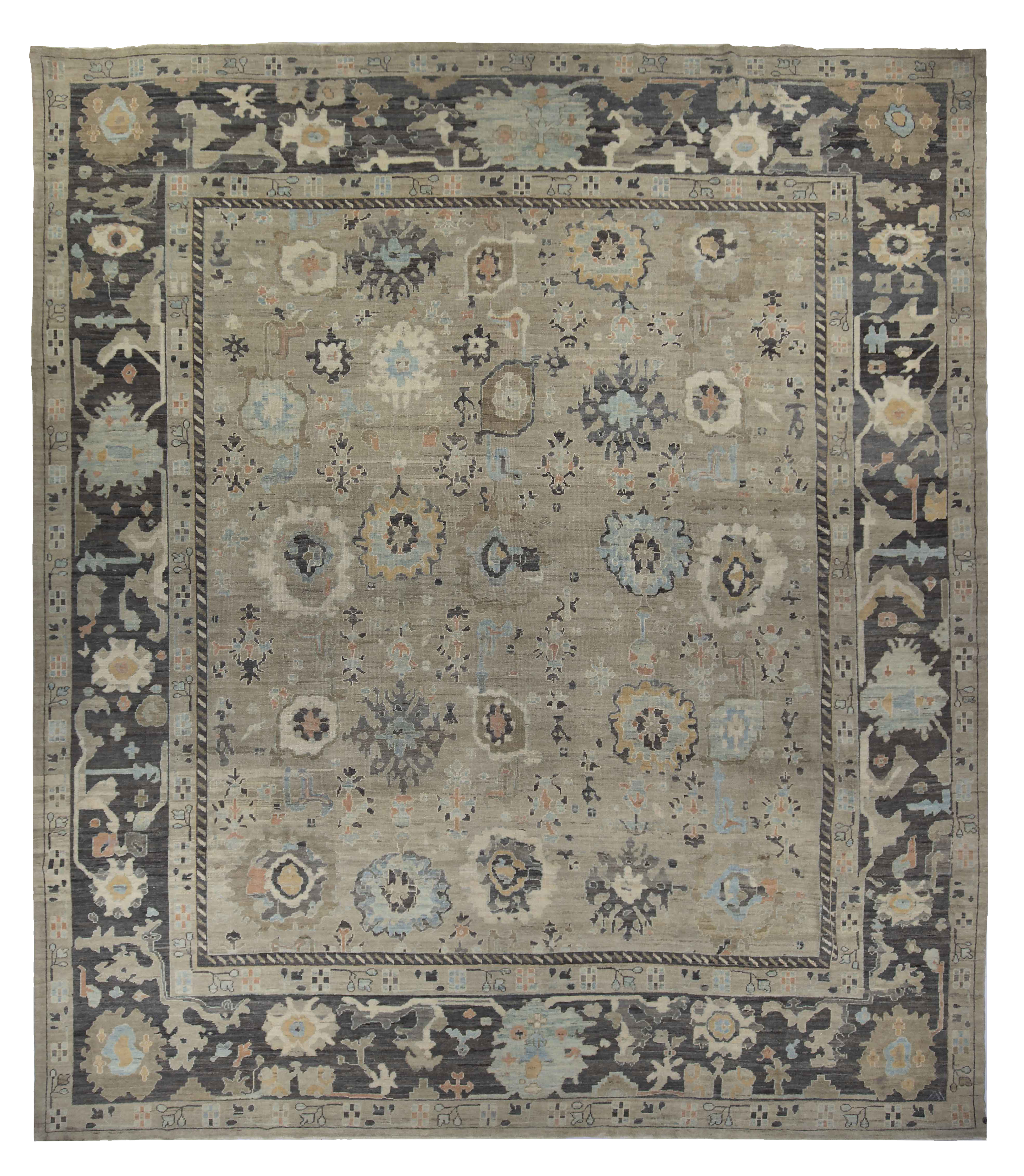 Persian (Oushak) beige with charcoal, blue, and soft gold traditional oversize contemporary rug with floral allover motifs and stylized palmettes SKU 89044