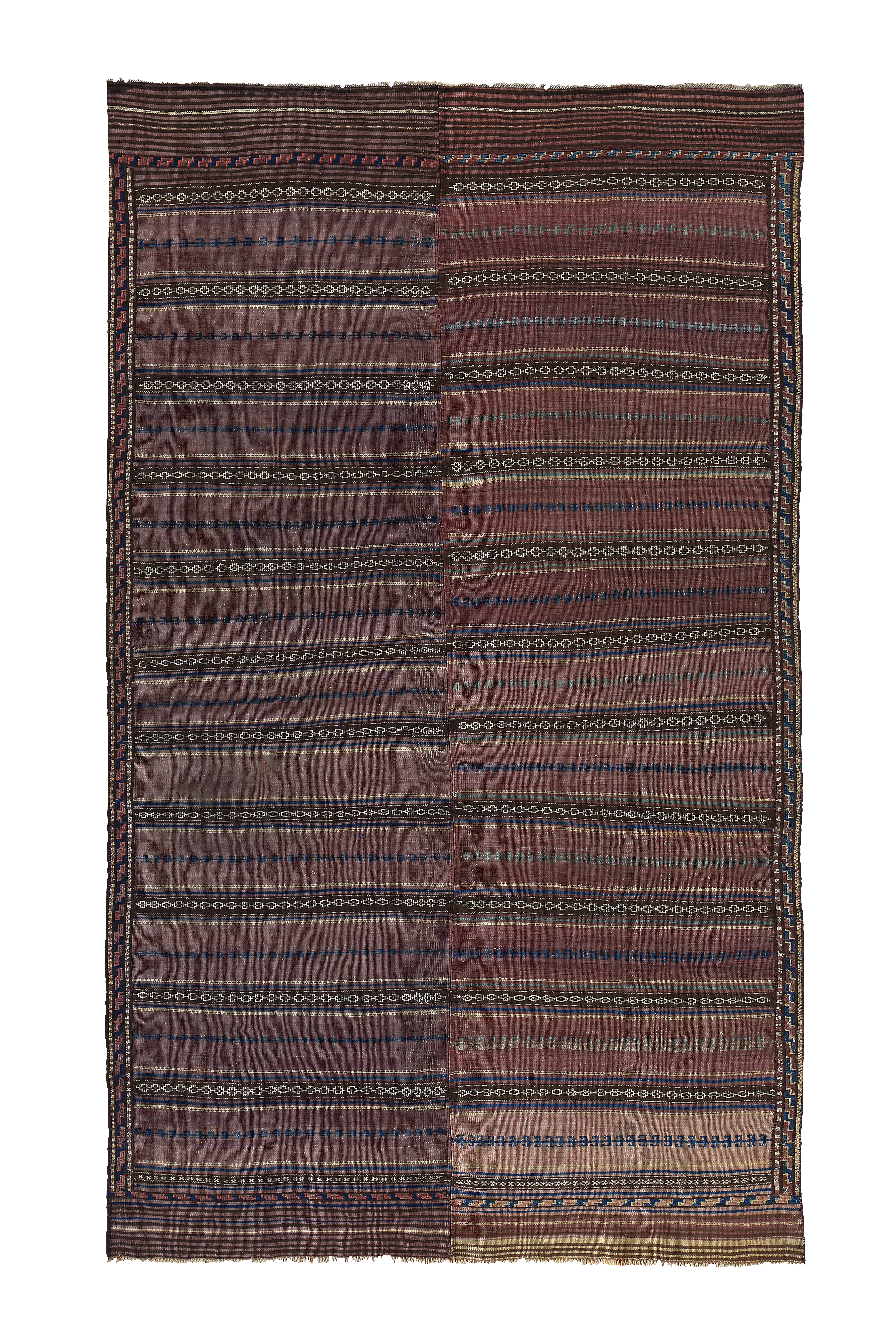 Persian brown with burgundy, blue, and cream tribal area antique rug with horizontal geometric stripe motifs SKU 89200