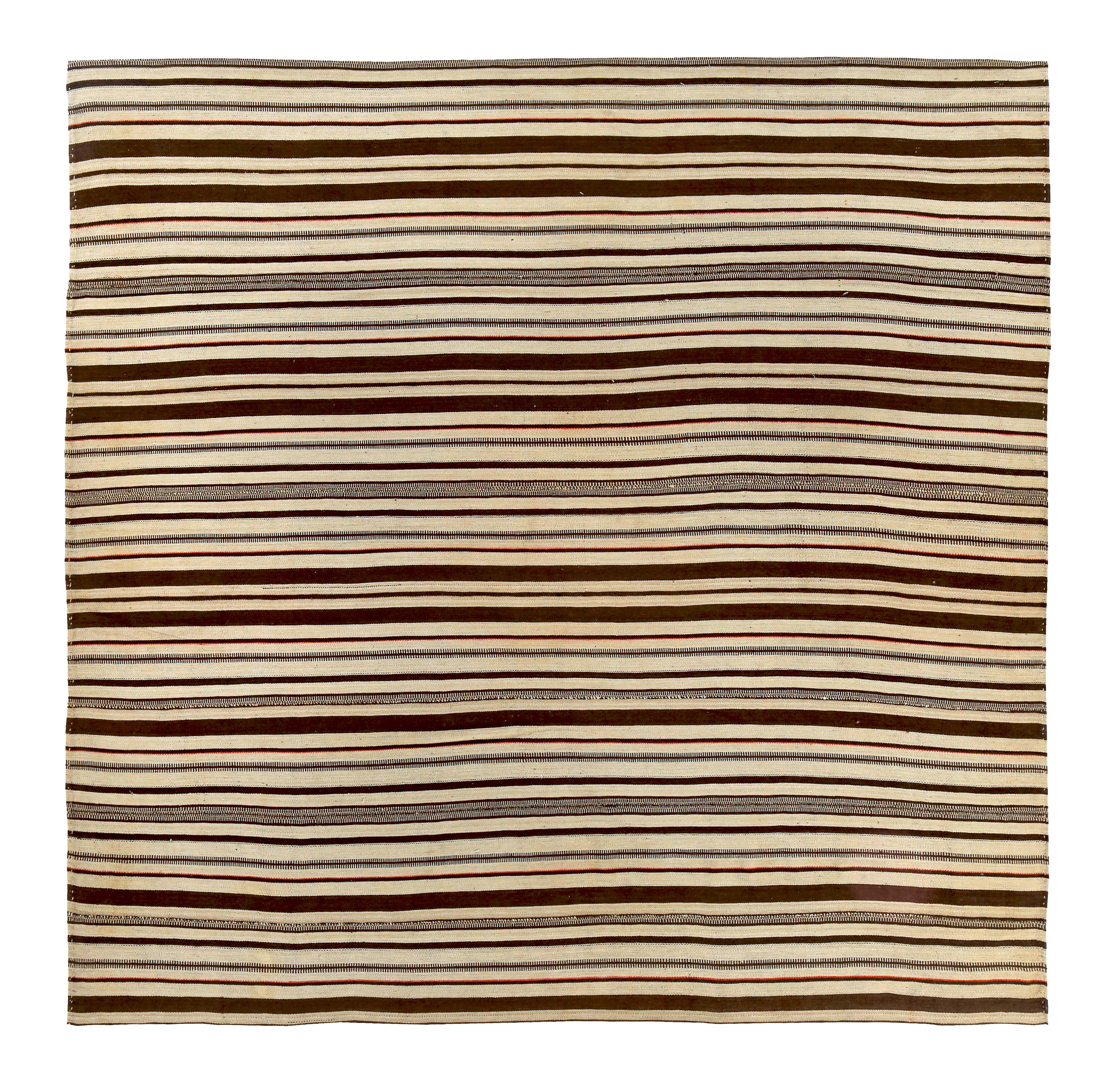 Persian cream and brown with subtle red and gray accents, modern square area rug, contemporary age, featuring horizontal striped bands and narrow geometric stripe motifs SKU 89300