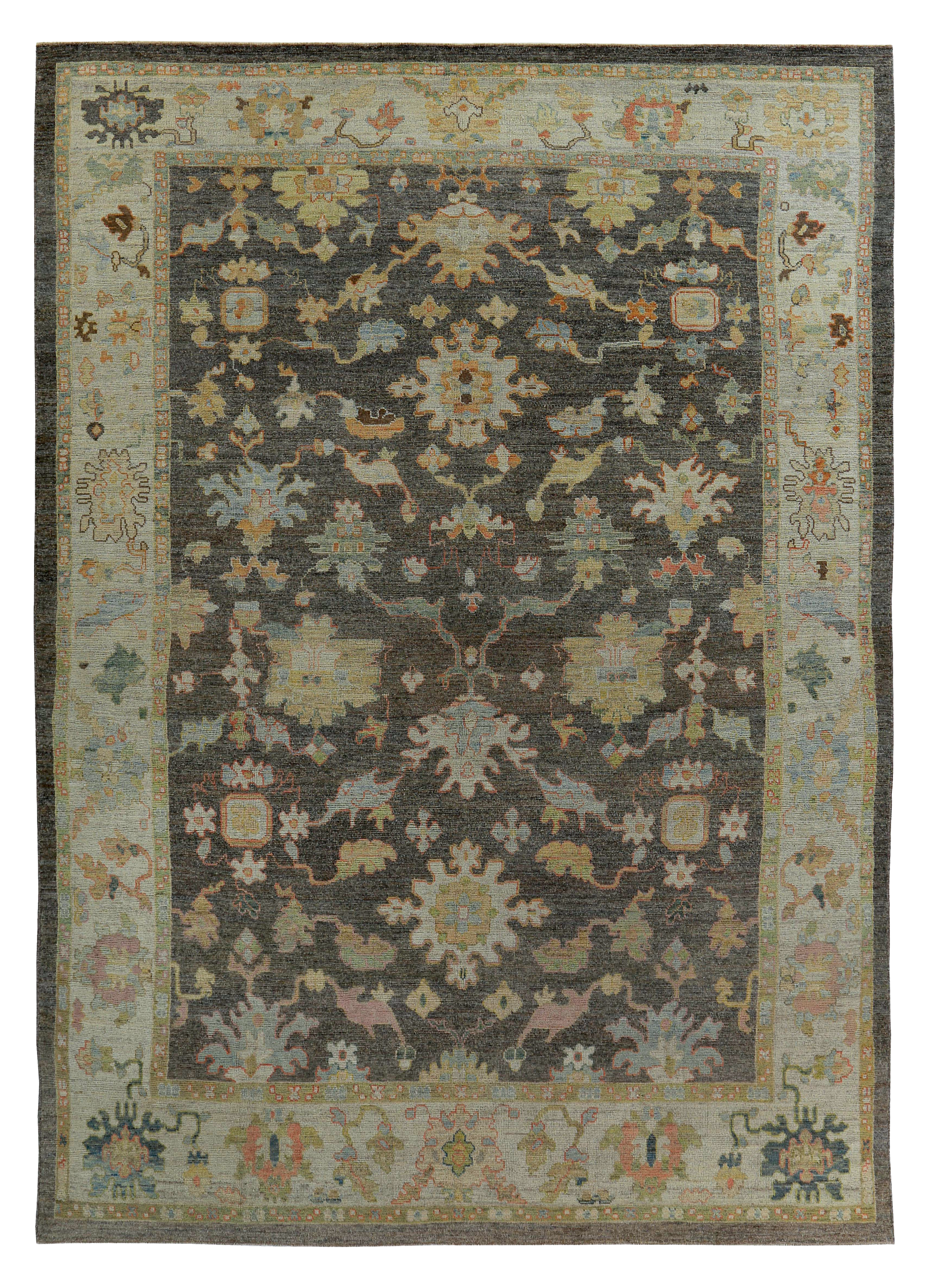 Persian charcoal with pastel accent colors traditional oversize palace new rug with stylized floral and animal motifs allover design SKU 89314