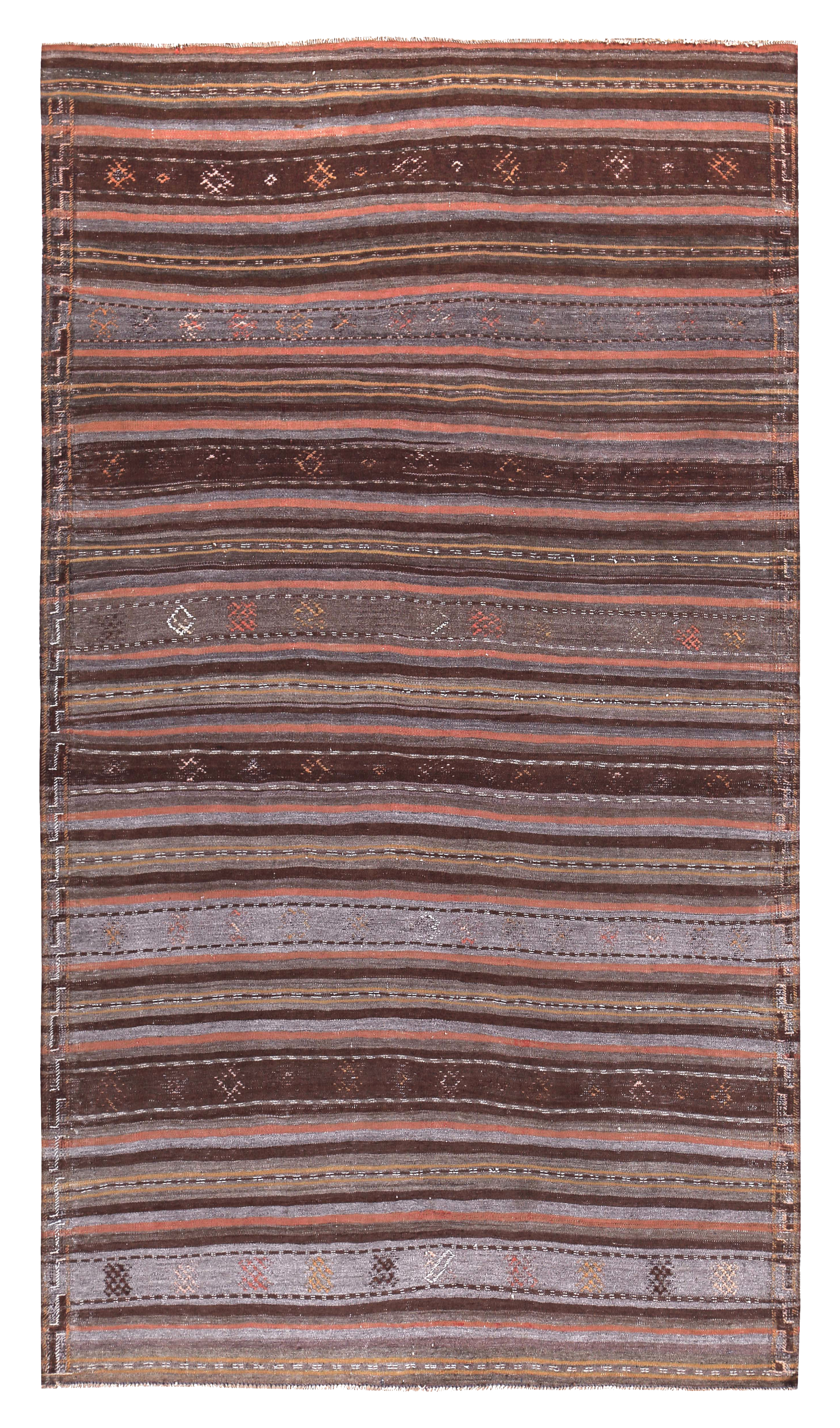 Persian brown with gray and rust tribal small area antique rug with horizontal stripes and scattered geometric motifs SKU 89425