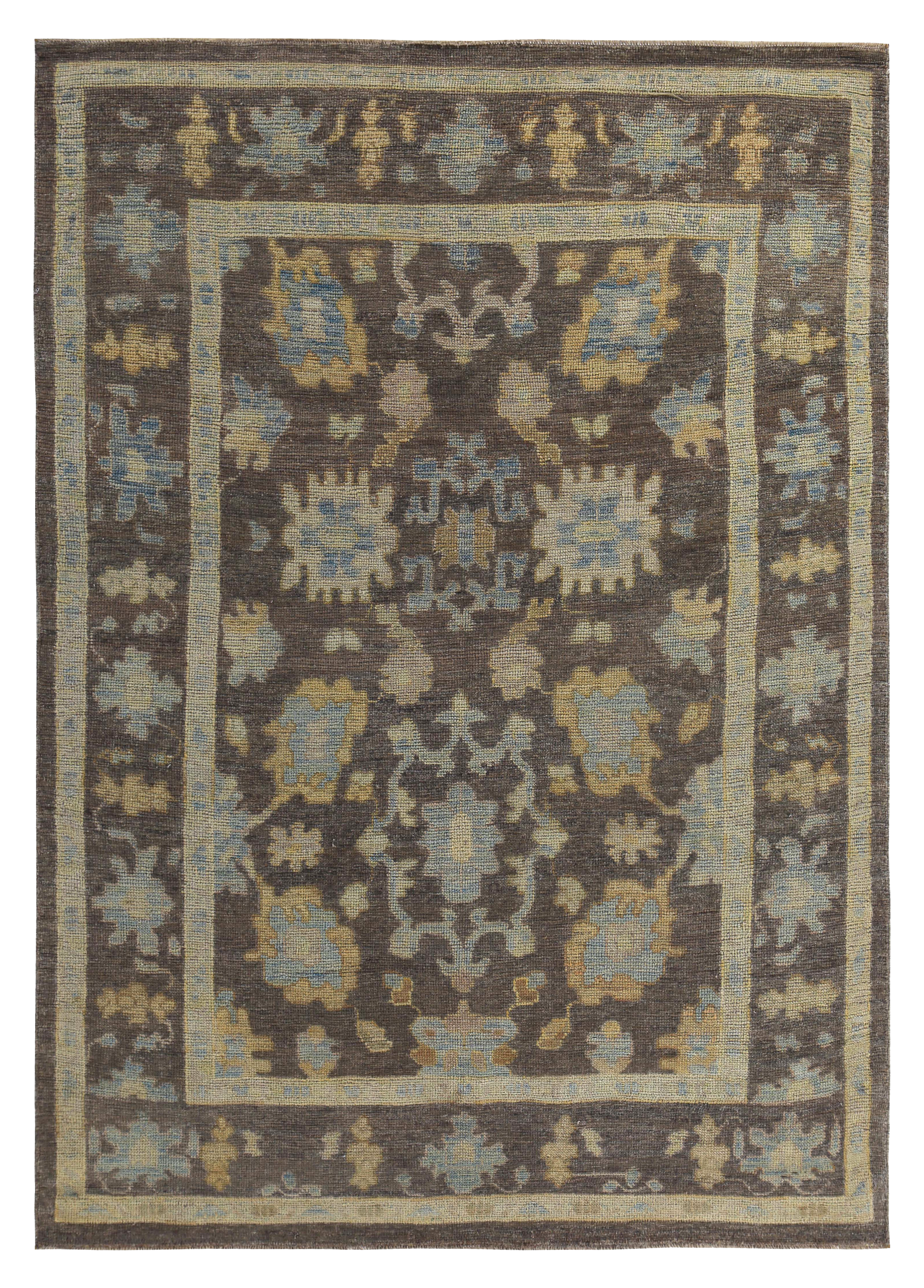 Persian brown with blue and gold accents traditional area new rug with central medallion and stylized floral allover motifs SKU 89446