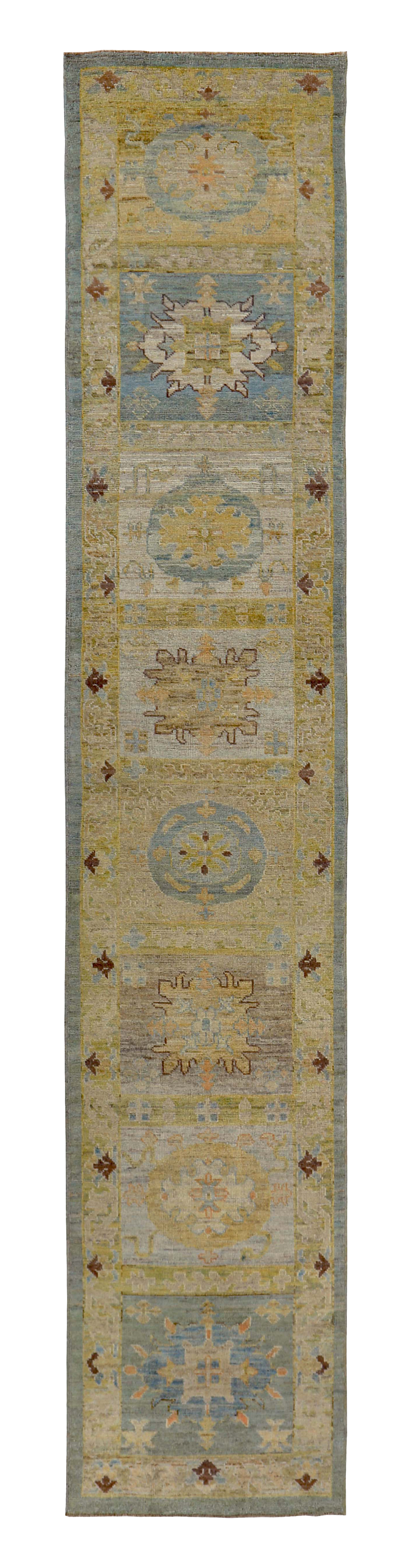 Persian light green and blue with beige and gold accents, traditional gallery runner, contemporary, with stacked geometric medallions and stylized floral motifs SKU 89469
