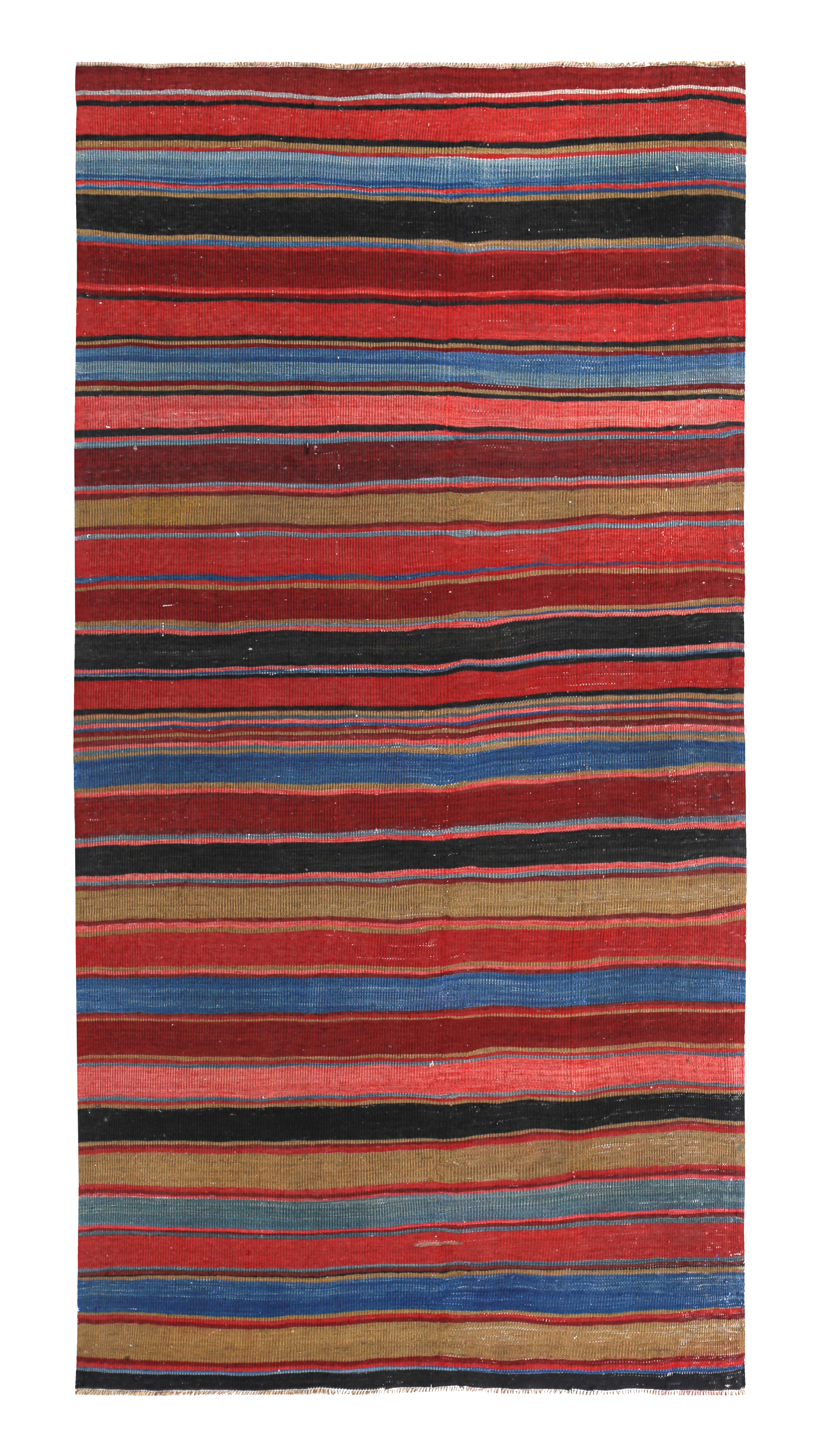 Persian red with blue, black, and camel tribal small rug, antique, horizontal multicolor stripe field SKU 89470