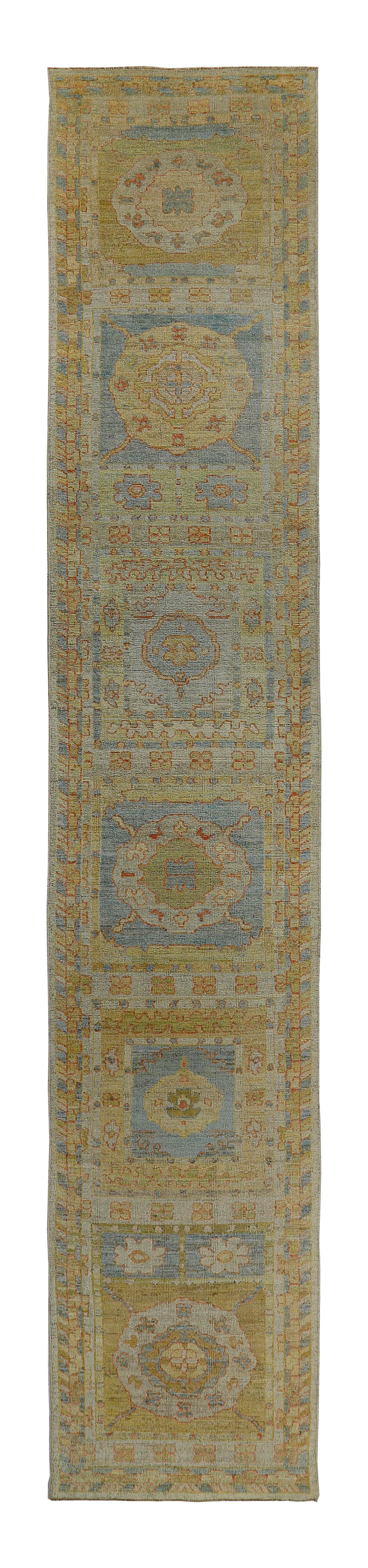 Persian green and blue with tan accents traditional gallery runner new rug with repeating medallions, floral motifs, and geometric border SKU 89545
