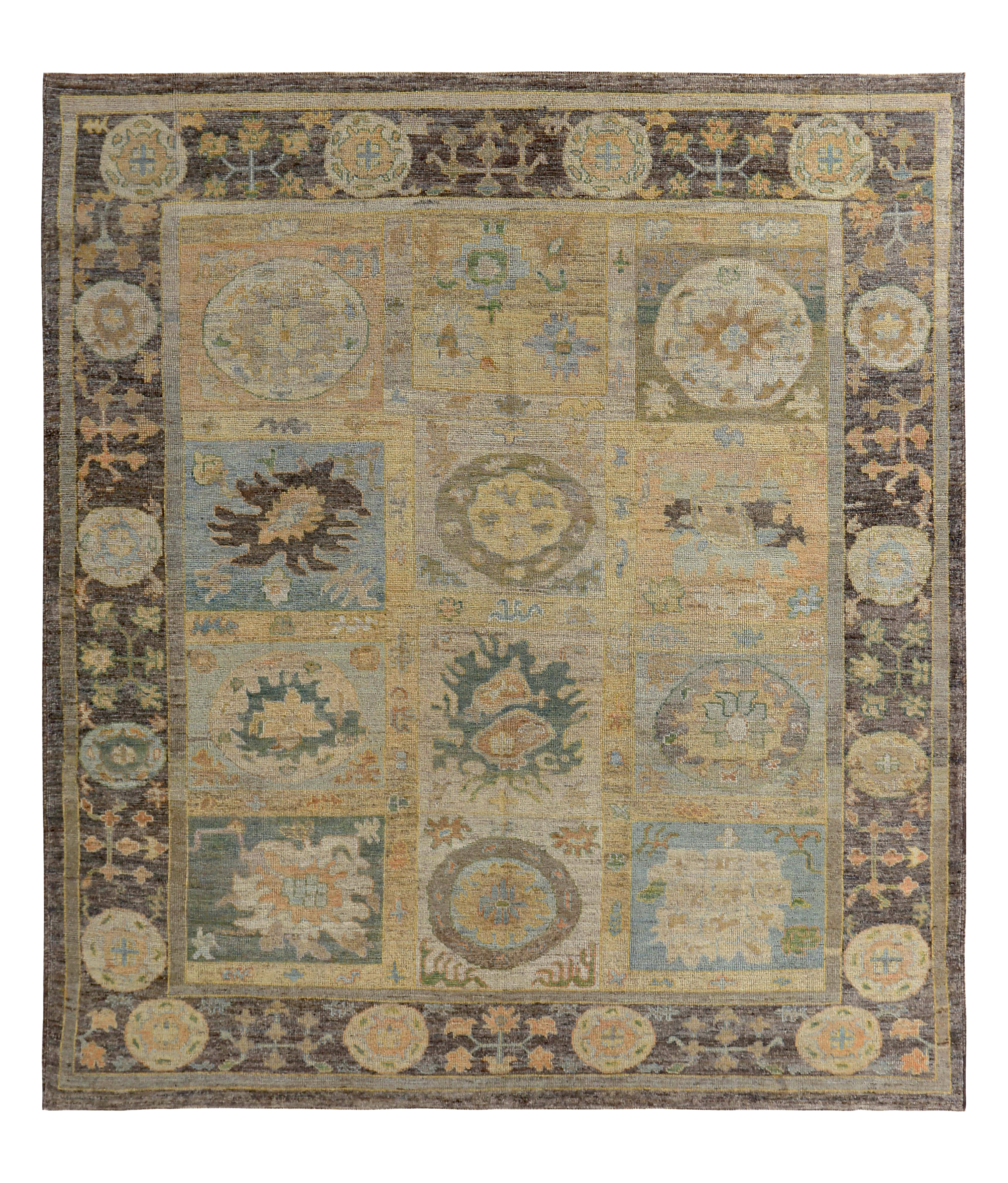 Persian beige with soft blue and brown accents, traditional area, contemporary, panel layout with geometric floral motifs and cartouche medallions SKU 89569