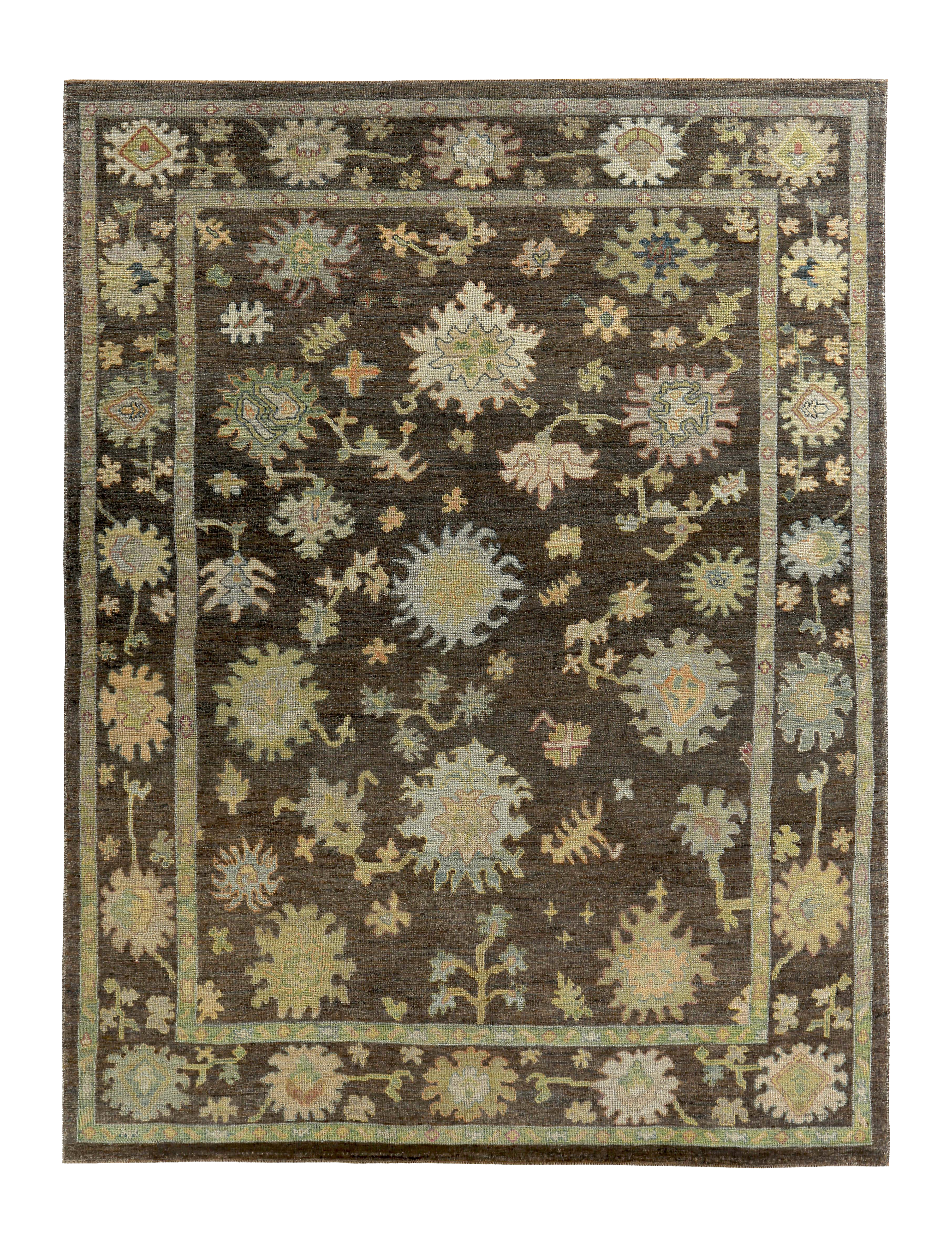 Persian brown with pastel green and yellow accents traditional oversize area contemporary rug with scattered stylized floral and botanical motifs SKU 89570