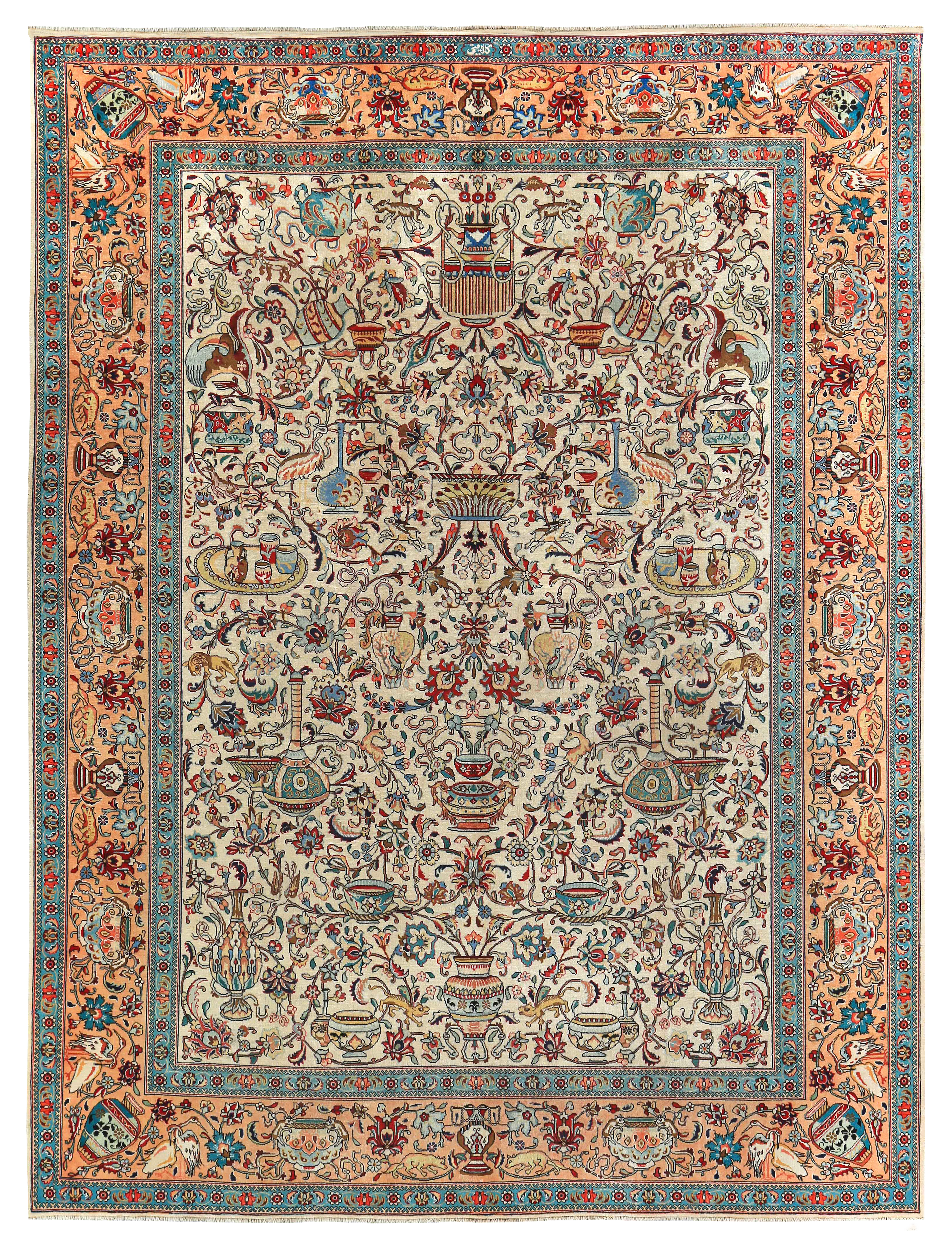 Persian Tabriz ivory with peach and teal accents traditional antique area rug with pictorial vases, animals, and floral allover motifs SKU 89703