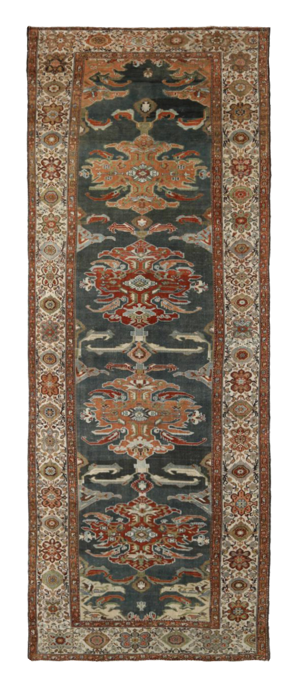 Persian Malayer dark teal with rust and ivory accents, traditional corridor runner, antique, featuring elongated central medallion motifs with stylized floral and palmette designs SKU 89718