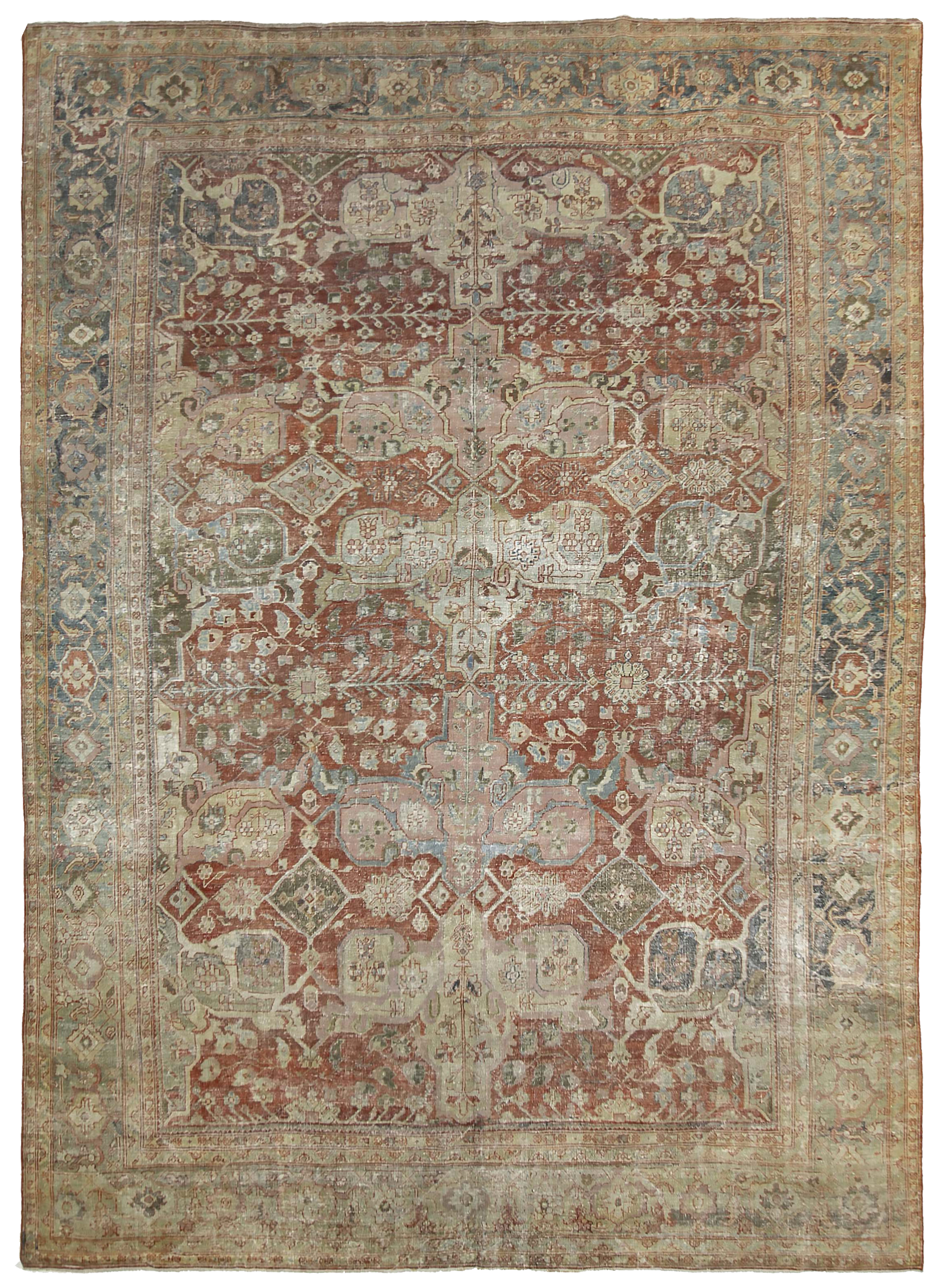 Persian Sultanabad rust with soft ivory and teal accents traditional antique area rug with allover palmette and geometric lattice motifs SKU 89722