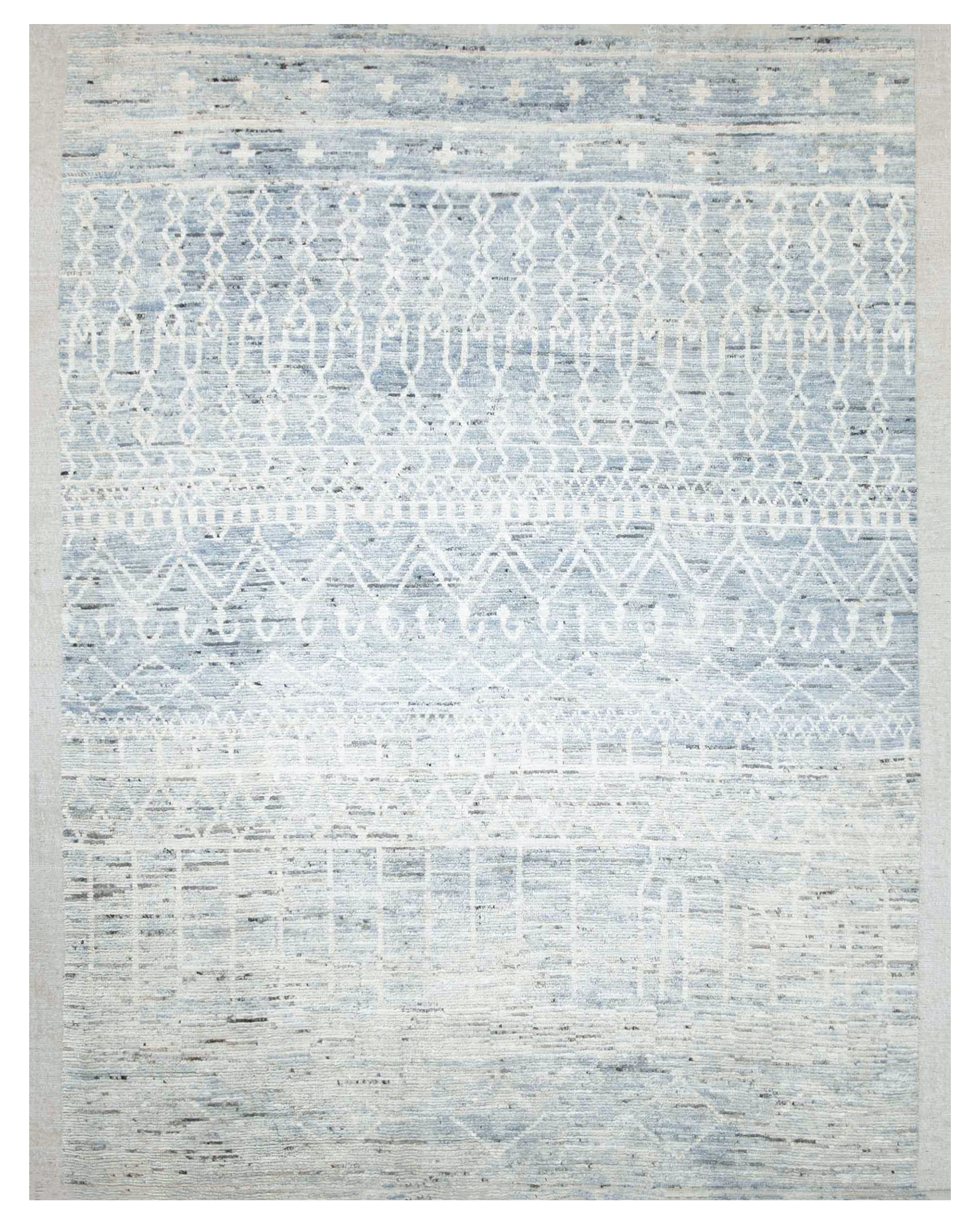 Afghanistan Moroccan light blue and ivory tribal contemporary area rug with geometric bands and linear motifs SKU 89785