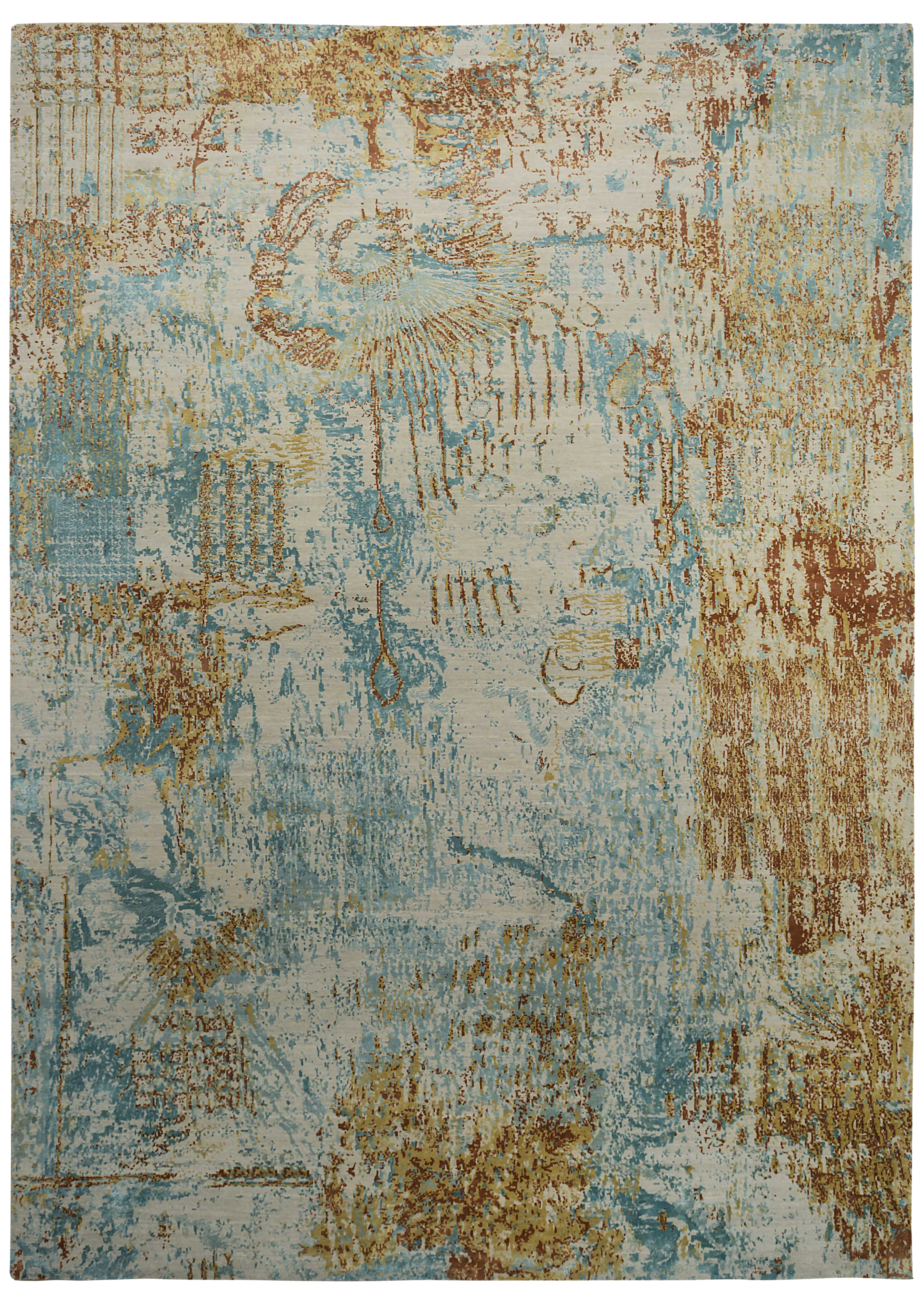 India blue and gold contemporary oversize area rug with abstract painterly allover design SKU 90620