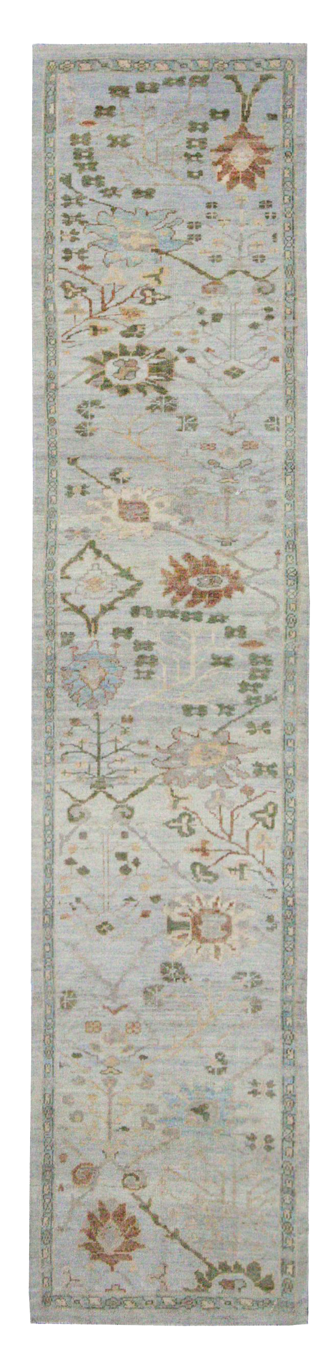 Turkey Oushak light blue with soft green and rust accents, traditional gallery runner, contemporary, with stylized floral allover and vine motifs SKU 90691