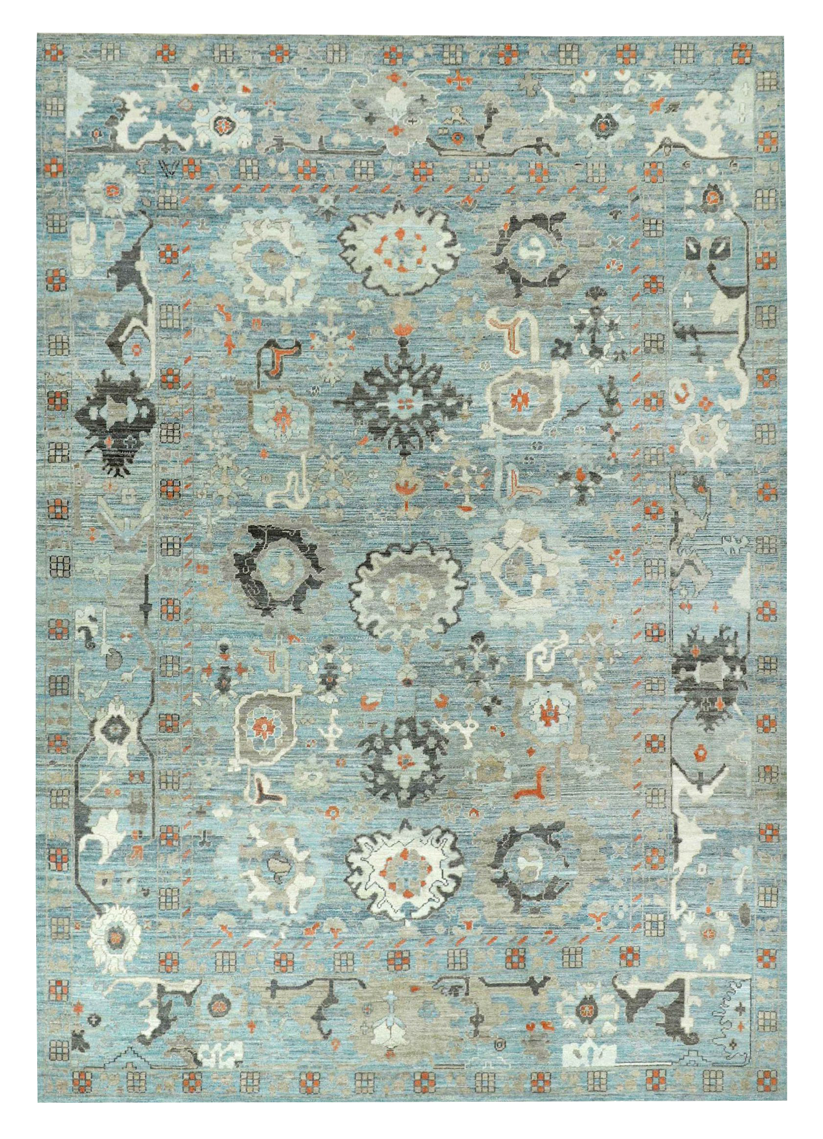 Turkey Oushak blue with grey and ivory accents traditional oversize area contemporary rug with scattered geometric palmettes and tribal botanical motifs SKU 90752