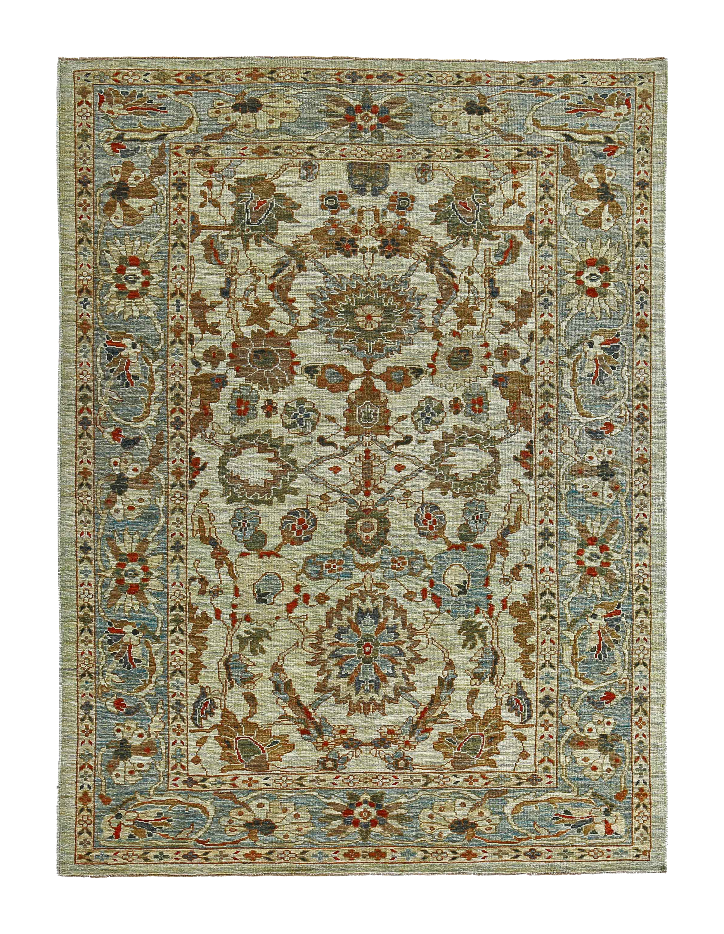 Turkey beige with blue and rust accents, traditional Sultanabad area rug, contemporary, featuring stylized floral allover motifs and palmettes SKU 90817