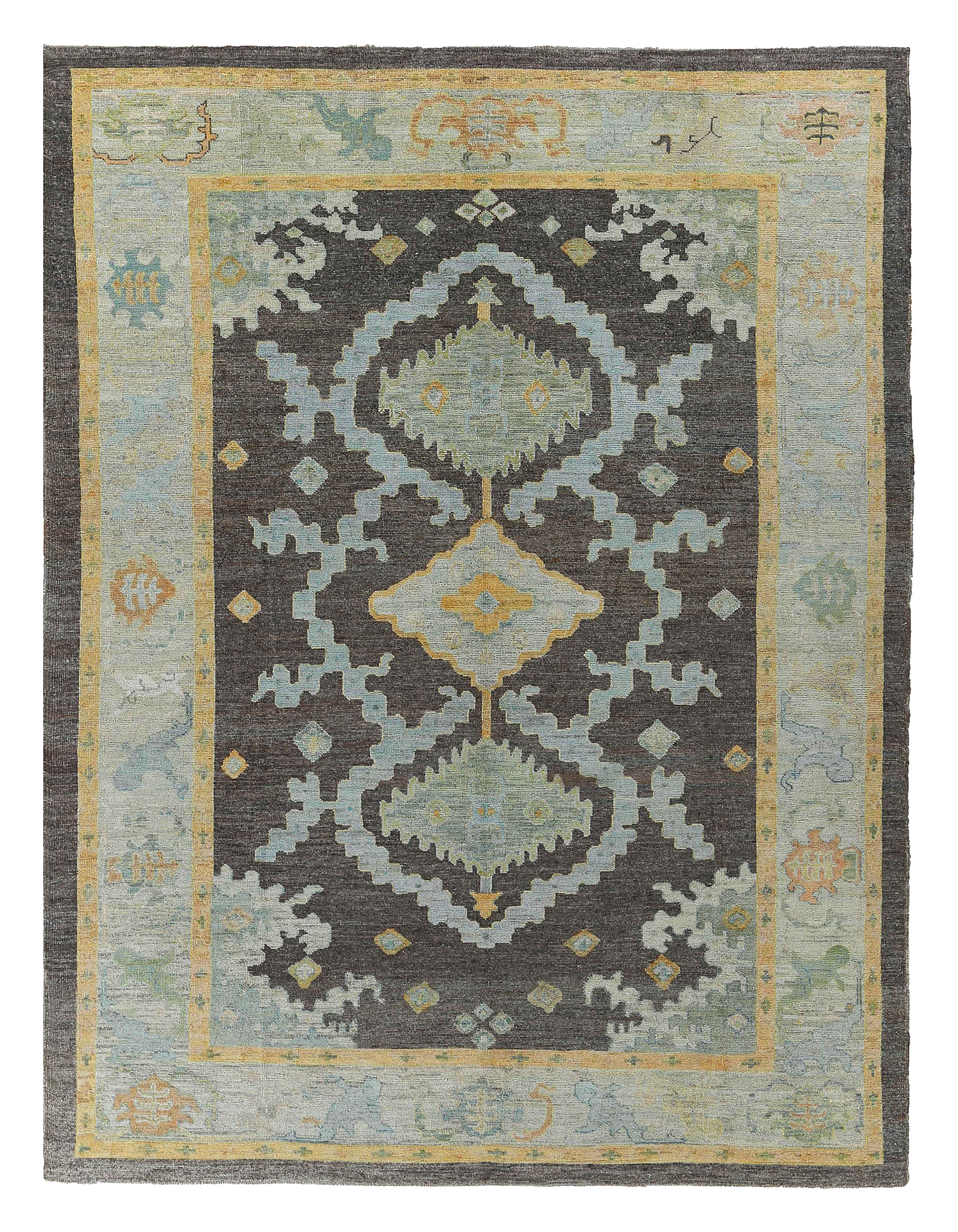Turkey charcoal, light blue and gold tribal oversize palace new rug with central geometric medallion and stylized floral motifs SKU 90830