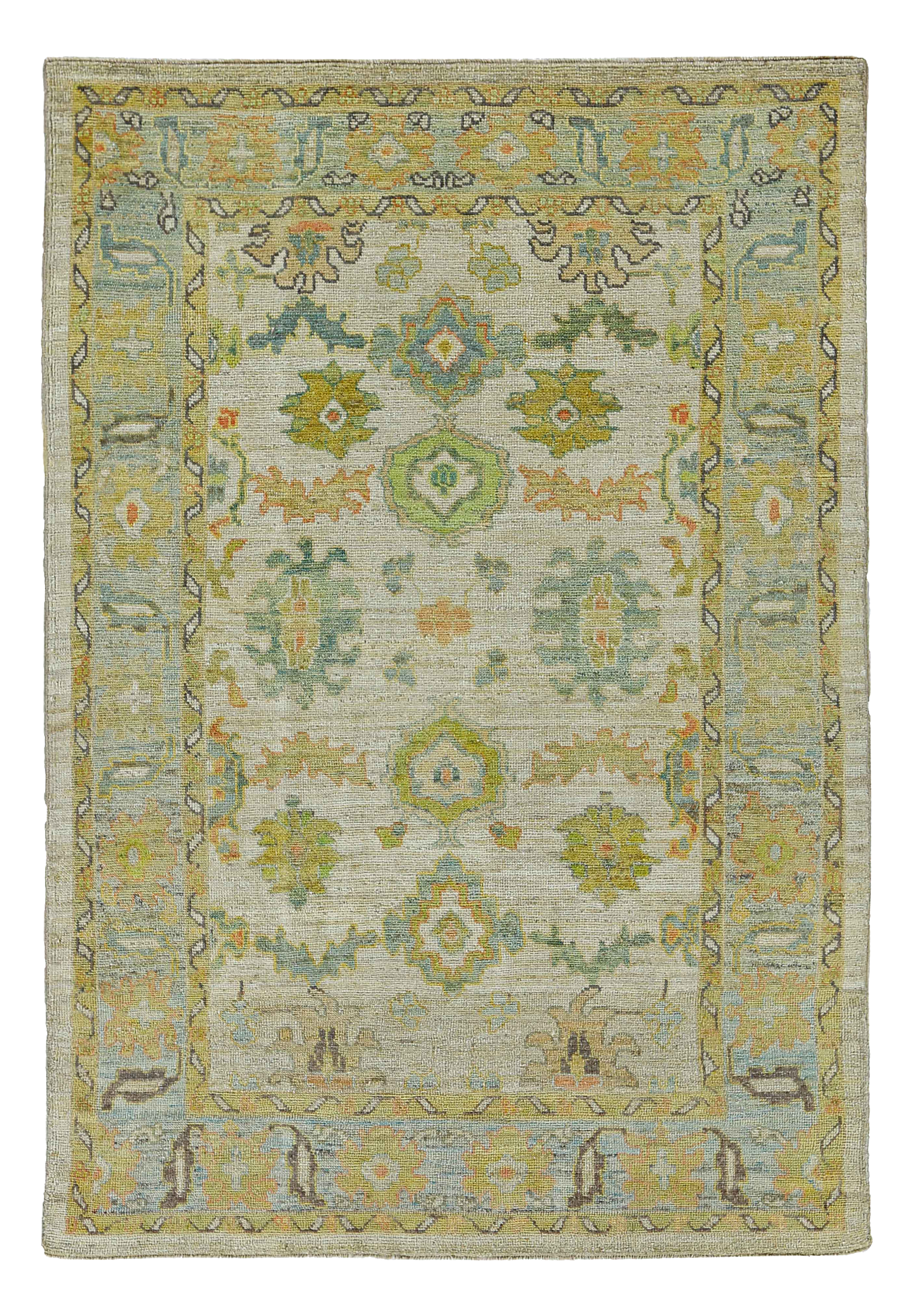 Turkey beige with soft green, blue, and gold traditional area contemporary rug with stylized floral and geometric palmette motifs SKU 90859