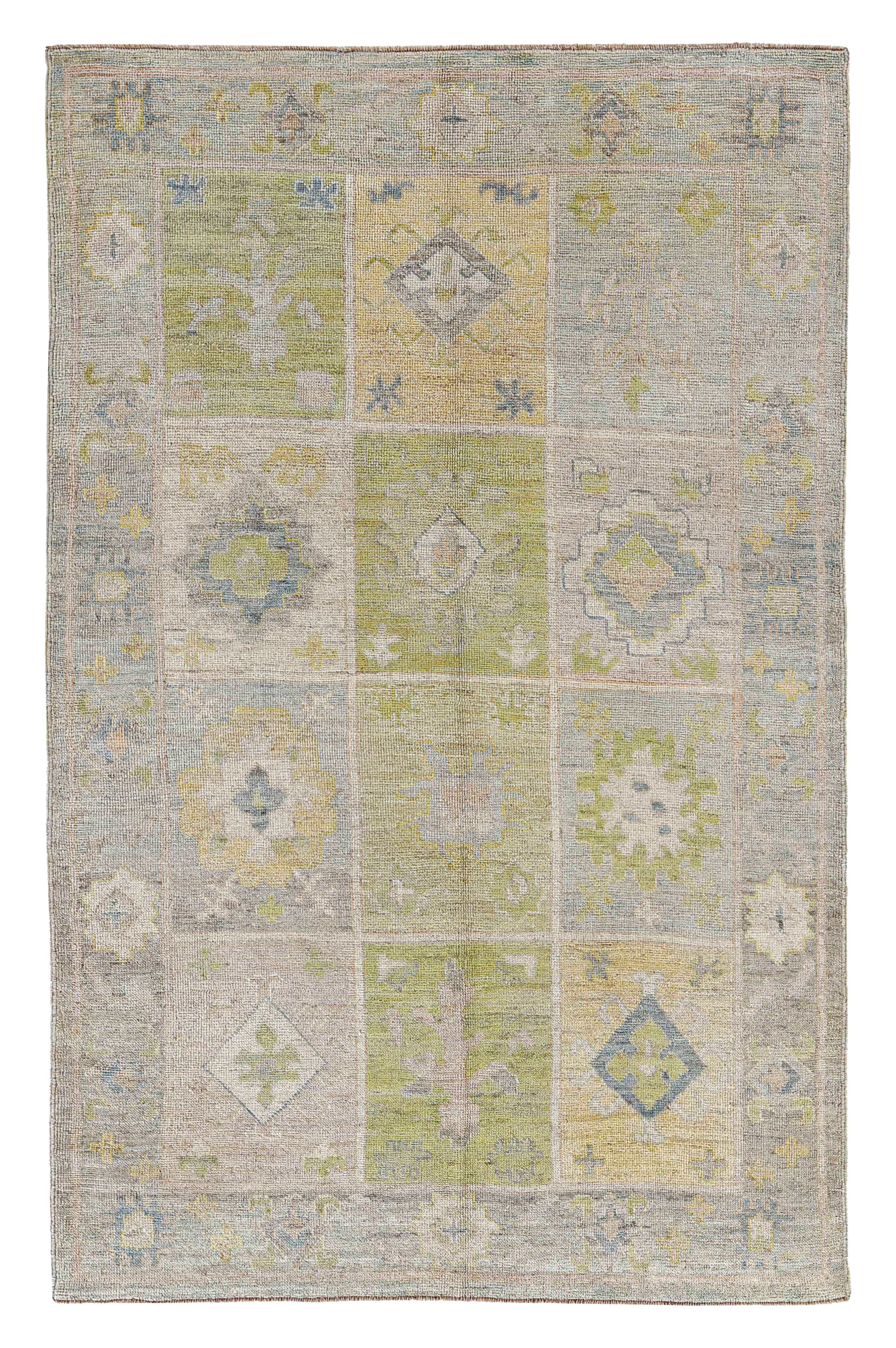 Turkey soft green, grey and yellow tribal area contemporary rug with geometric panel motifs and stylized floral elements SKU 90866