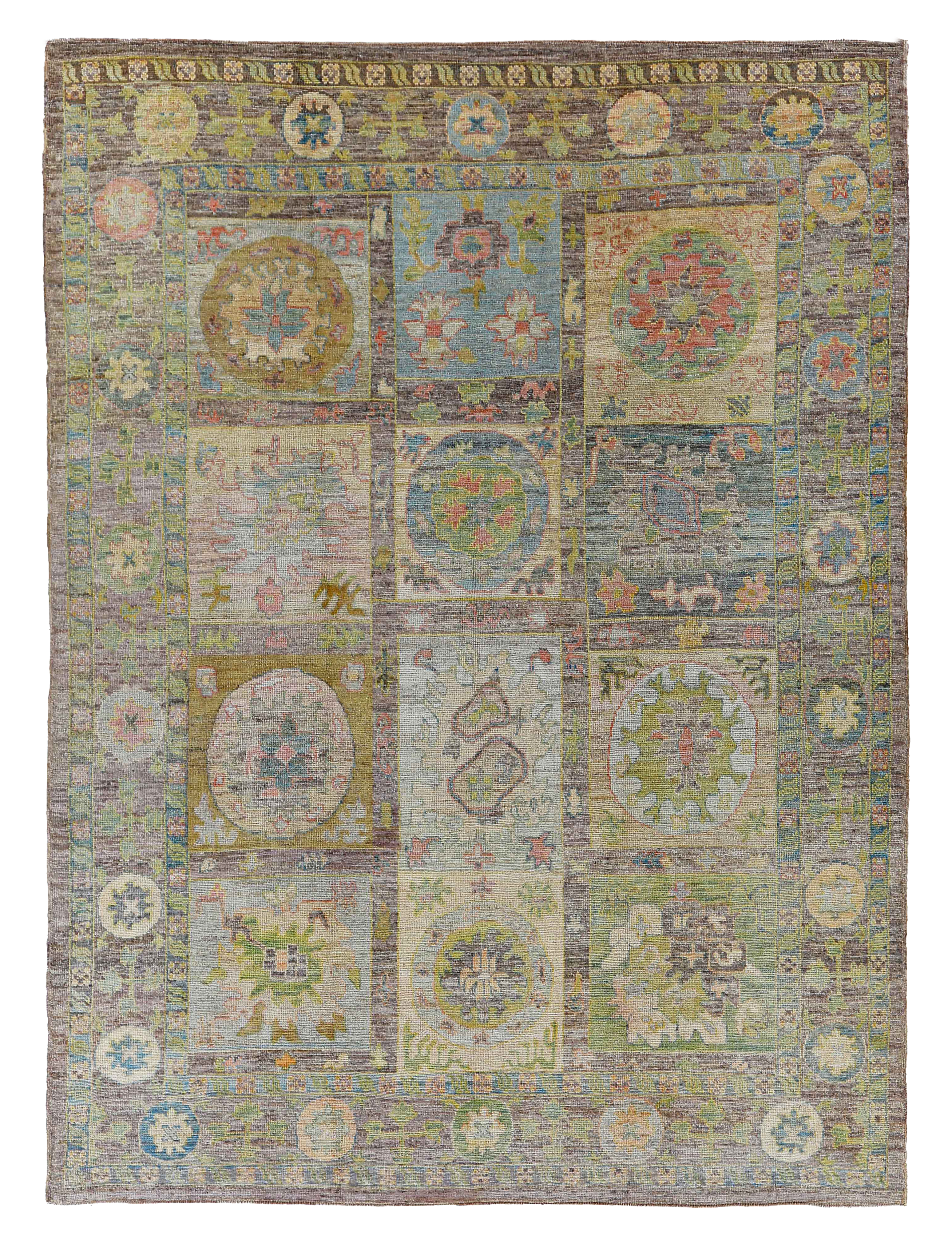 Turkey muted green and lavender with pastel multicolor accents, tribal oversize contemporary rug with panel layout, circular medallions, floral rosettes and geometric motifs SKU 90868