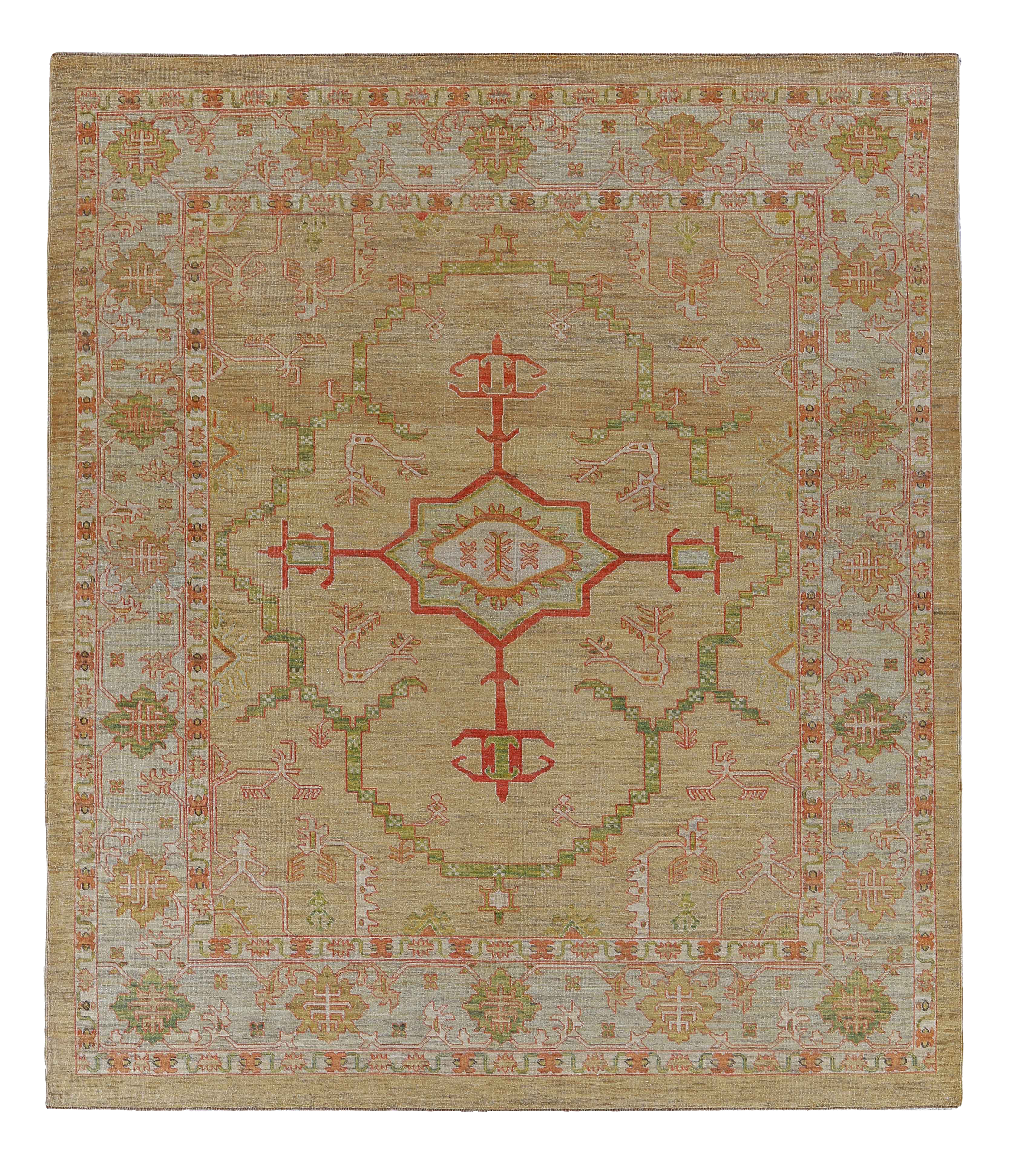 Turkey beige with light blue, green, and terracotta traditional area contemporary rug with central geometric medallion, stylized tribal motifs, and floral border SKU 90903