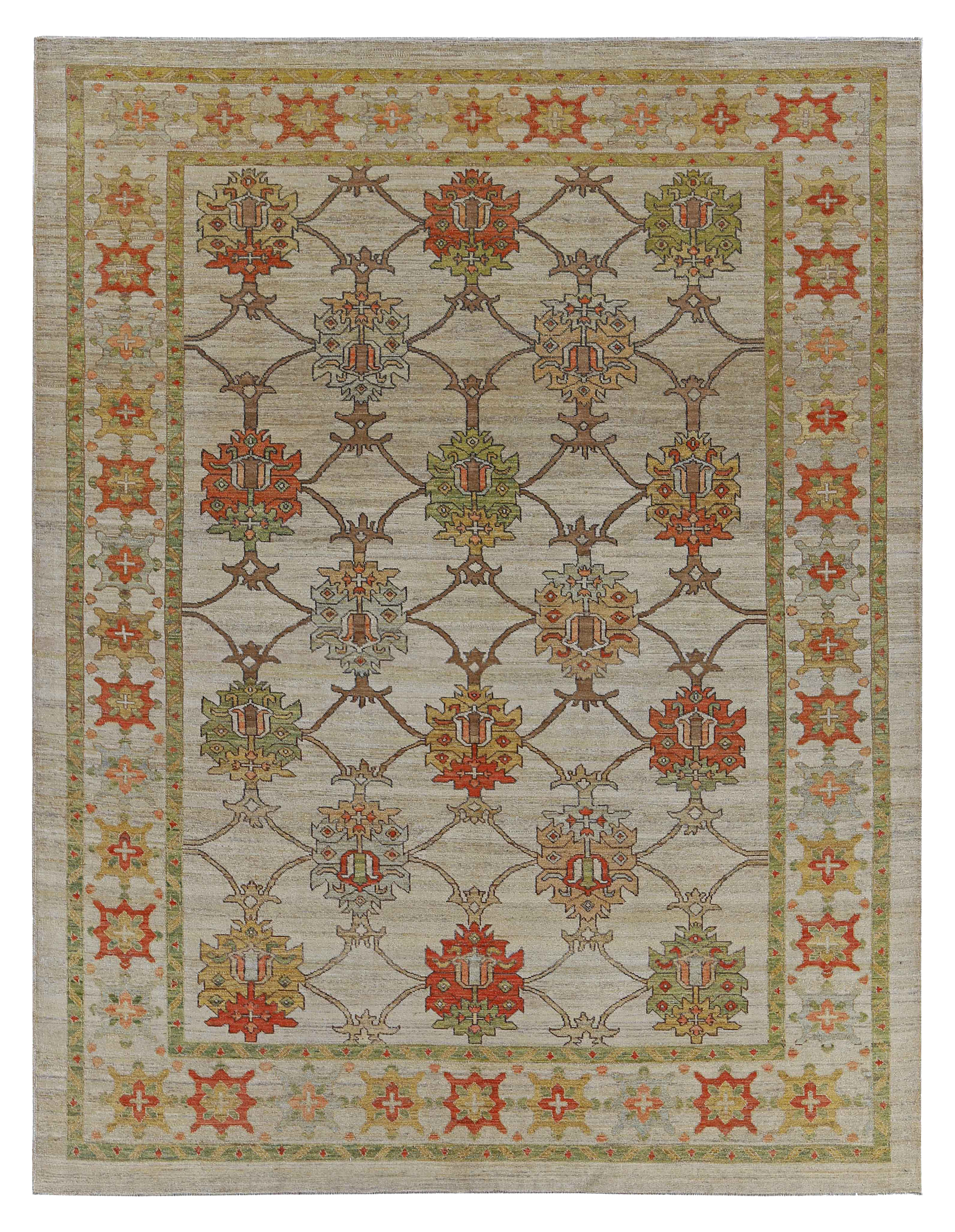 Turkey beige with rust, green and gold accents traditional oversize palace new rug with repeating geometric floral motifs and lattice field SKU 91025
