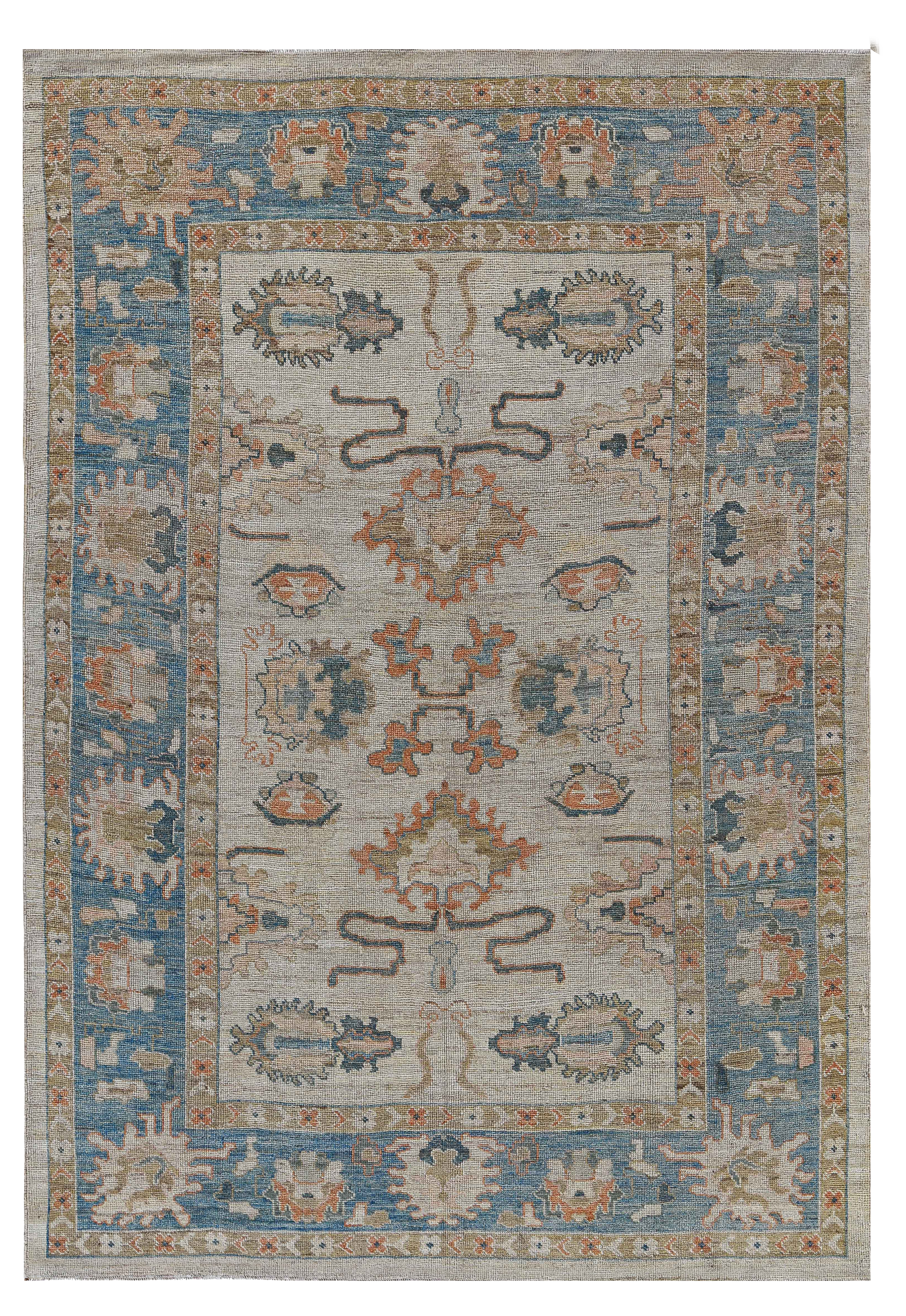 Turkey beige with blue and soft orange traditional area new rug with stylized botanical and palmette motifs SKU 91033