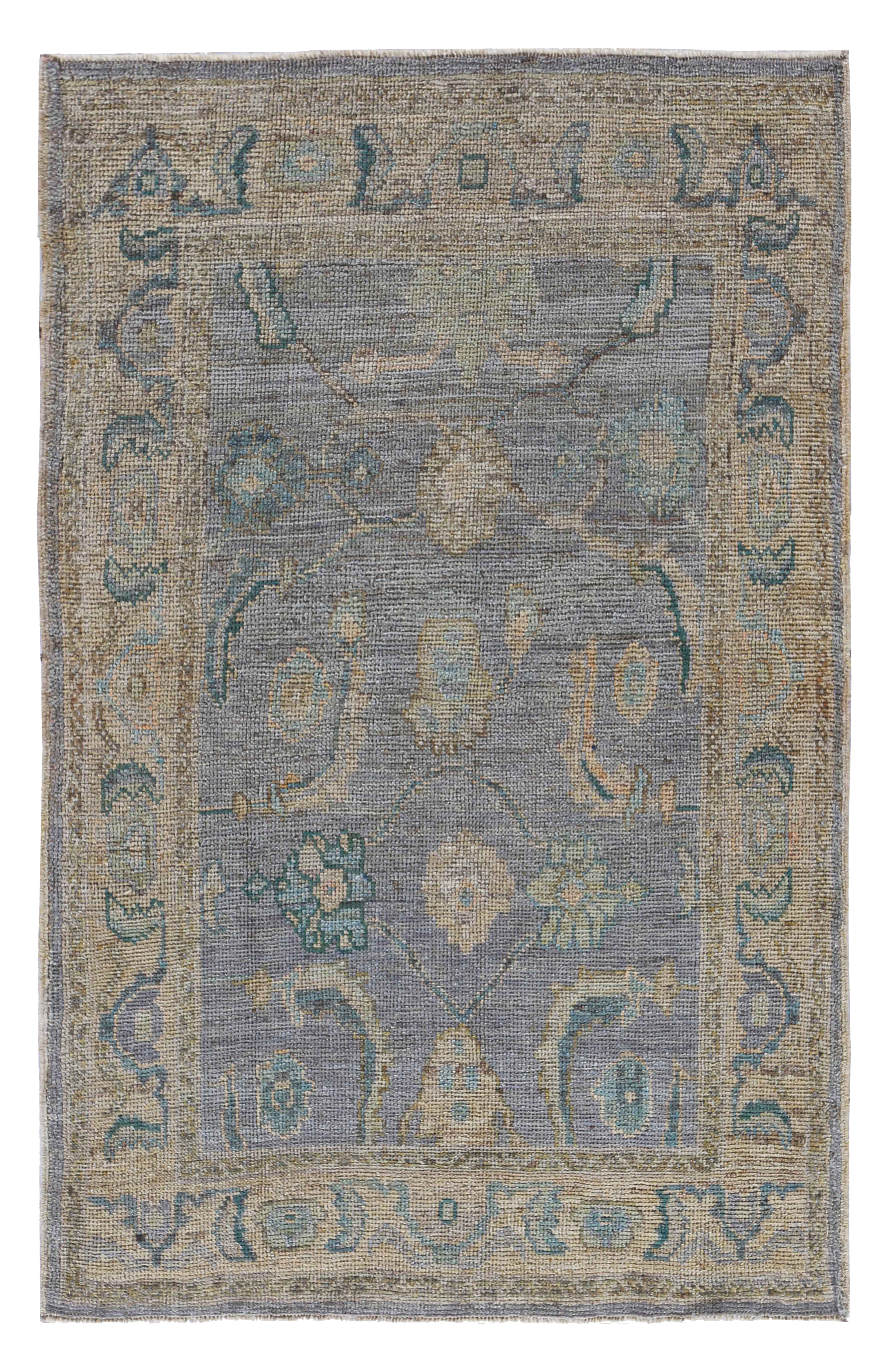 Turkey gray with beige and teal accents, traditional small area rug, contemporary age, with central floral medallion and stylized botanical border motifs SKU 91070