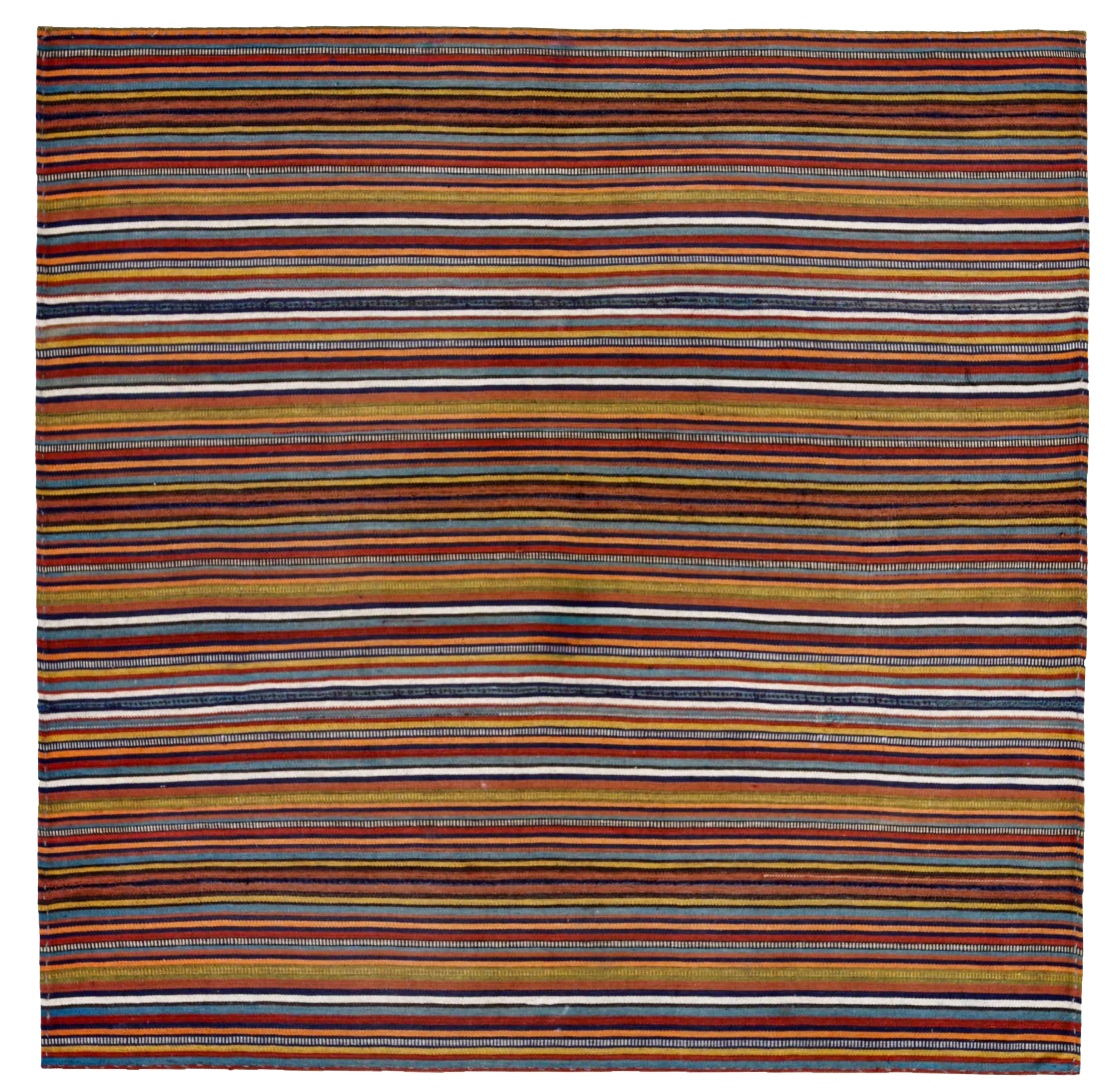 Persian multicolor brown, red, and green tribal small rug antique with horizontal striped bands and narrow geometric stripe accents SKU 91115