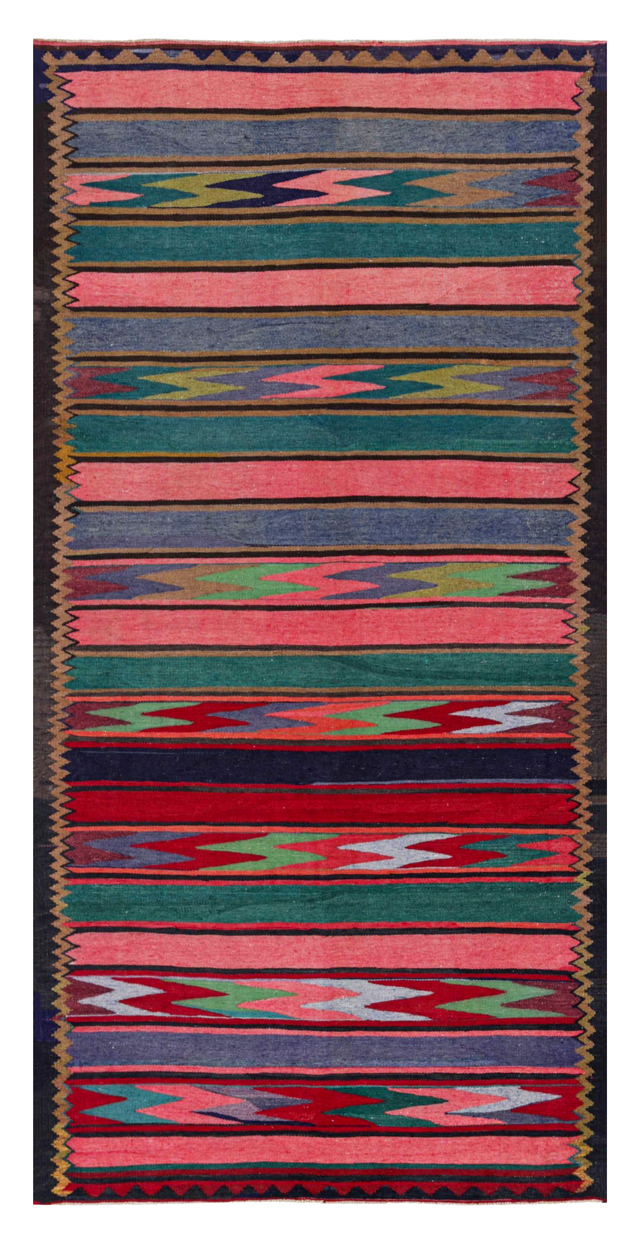 Persian red, pink, and green tribal area antique rug with horizontal bands and jagged geometric motifs SKU 91118