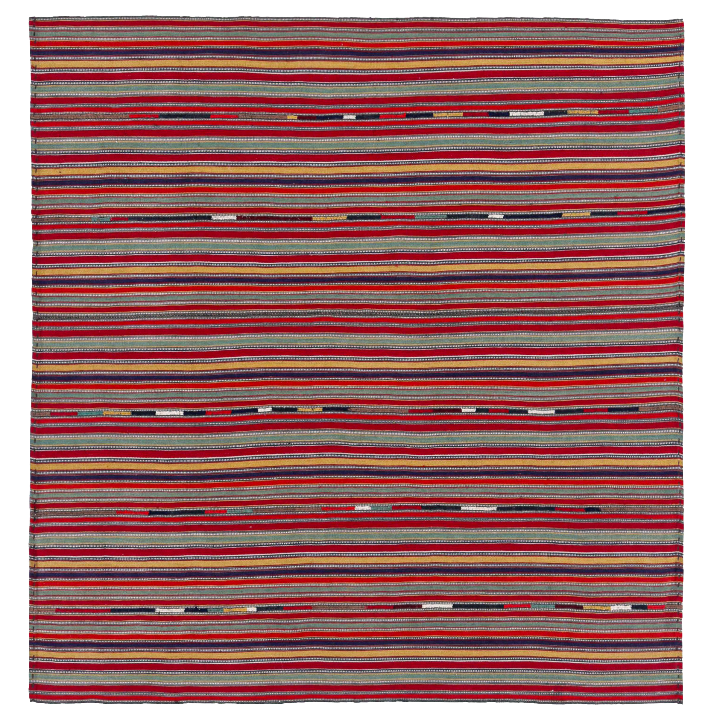 Persian red with multicolor stripe accents, tribal square area antique rug with horizontal banded stripes and scattered color-block motifs SKU 91125