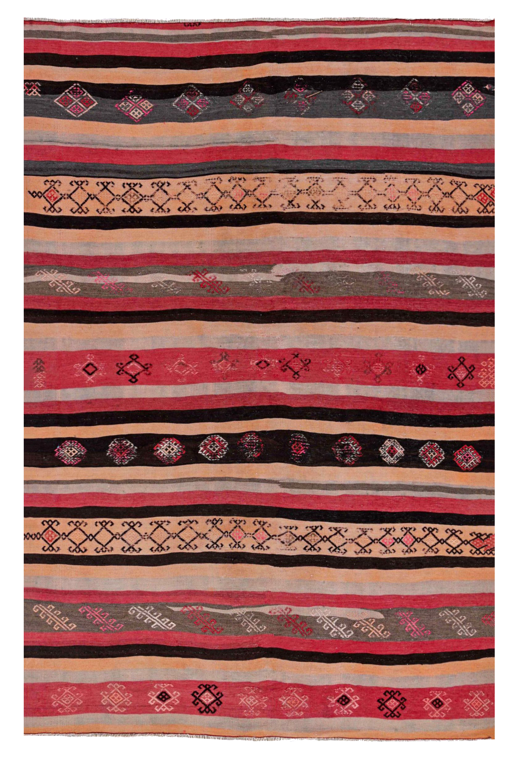 Persian red, beige, and black tribal medium area antique rug with horizontal stripes and geometric kilim motifs SKU 91161