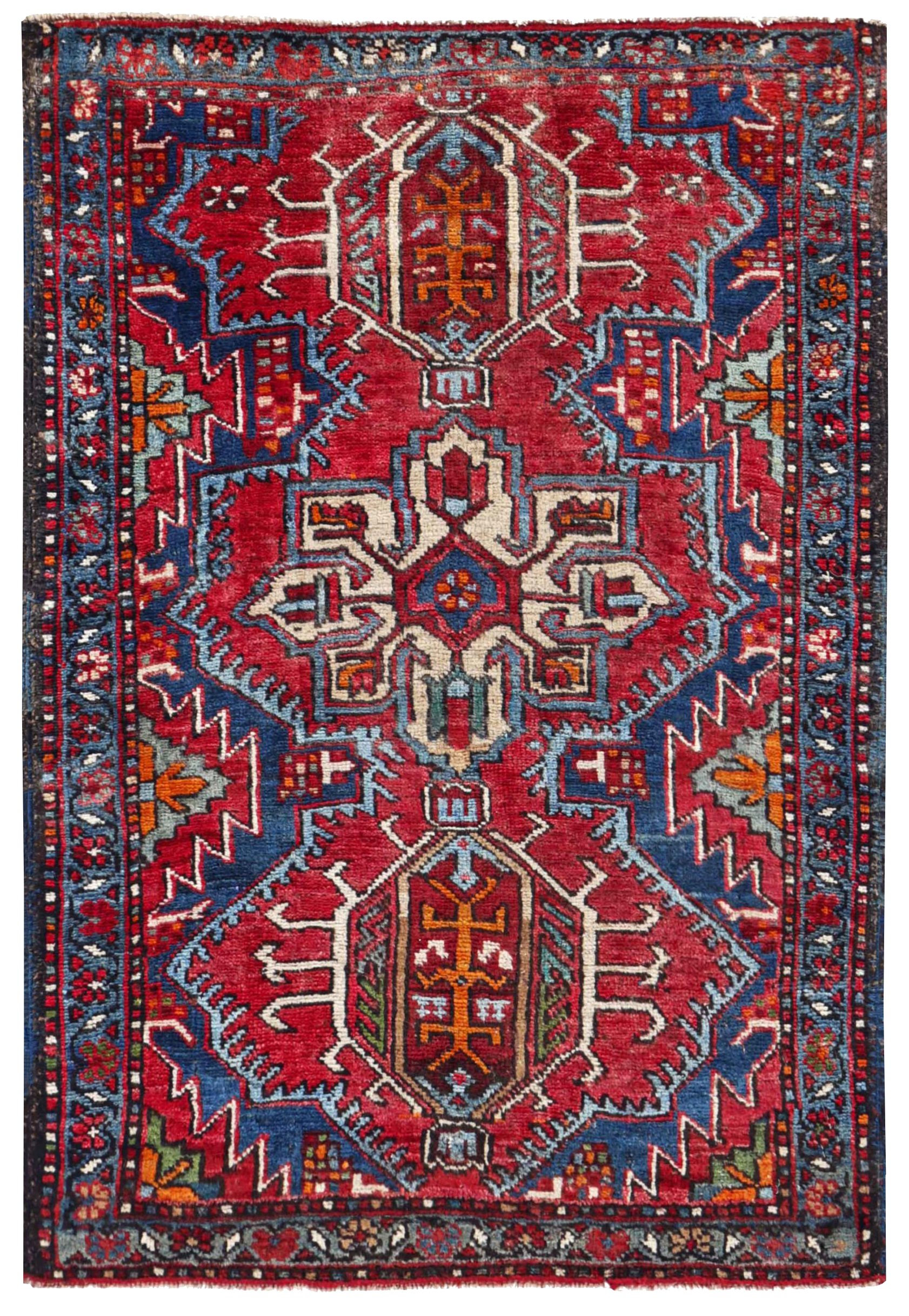 Persian (Azarbaijan) red with blue and ivory tribal small antique accent rug with central geometric medallions and angular floral motifs SKU 91219