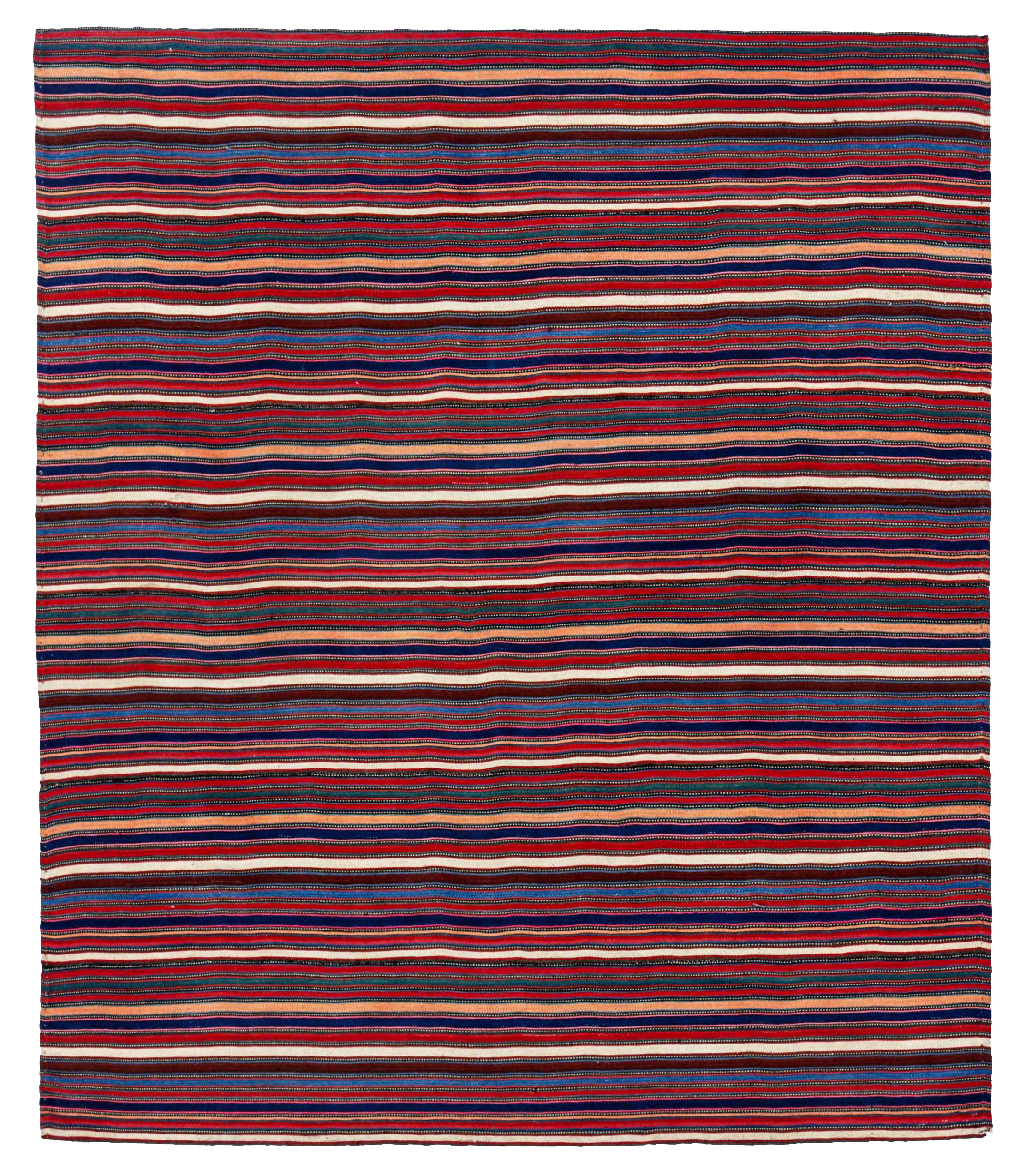 Persian multicolor red, blue, brown, and ivory tribal small rug antique with horizontal banded stripe motifs SKU 91252