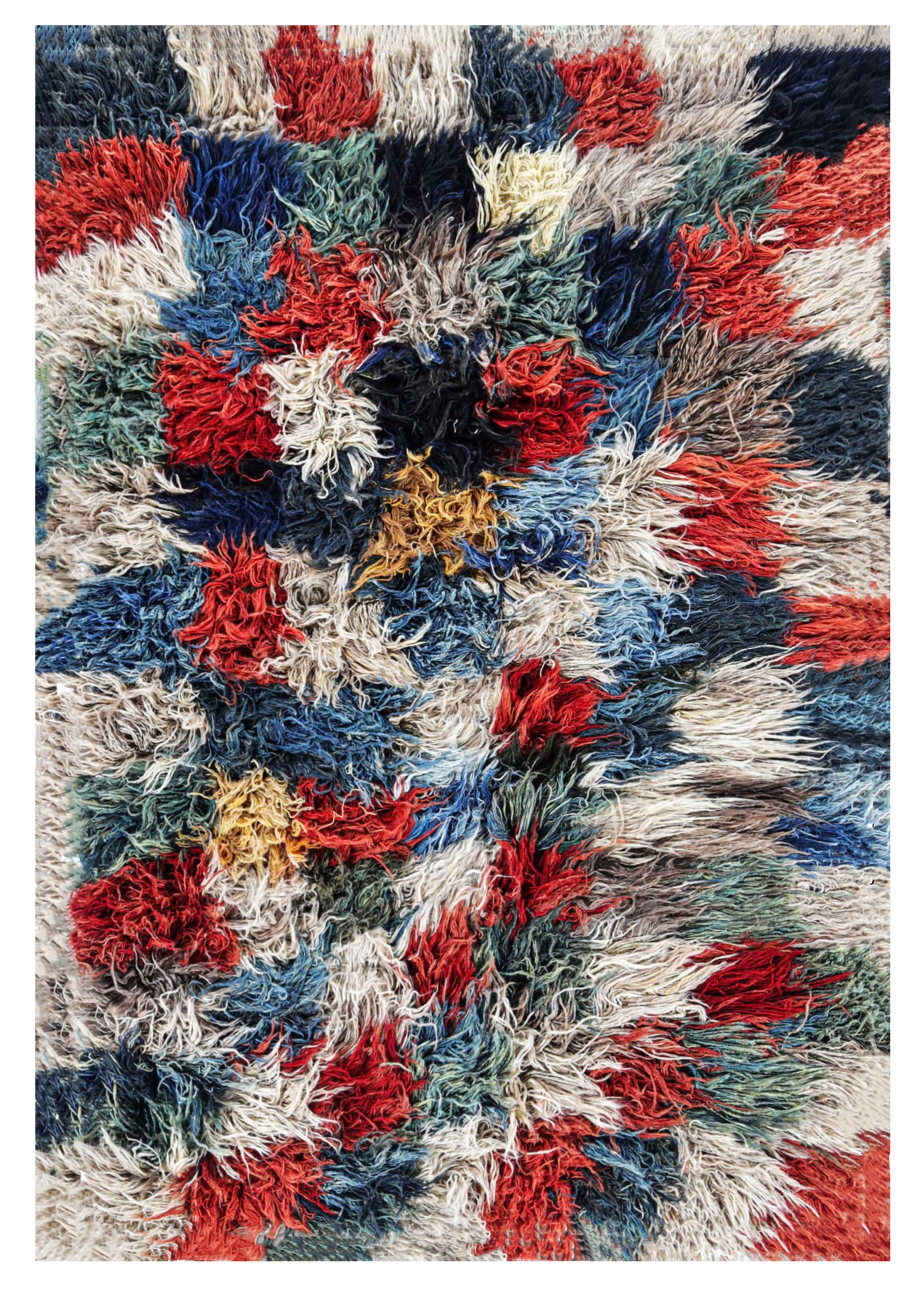 Persian Gabbeh multicolor red, blue, ivory, green, and yellow tribal area antique rug with abstract shaggy geometric motifs SKU 91260