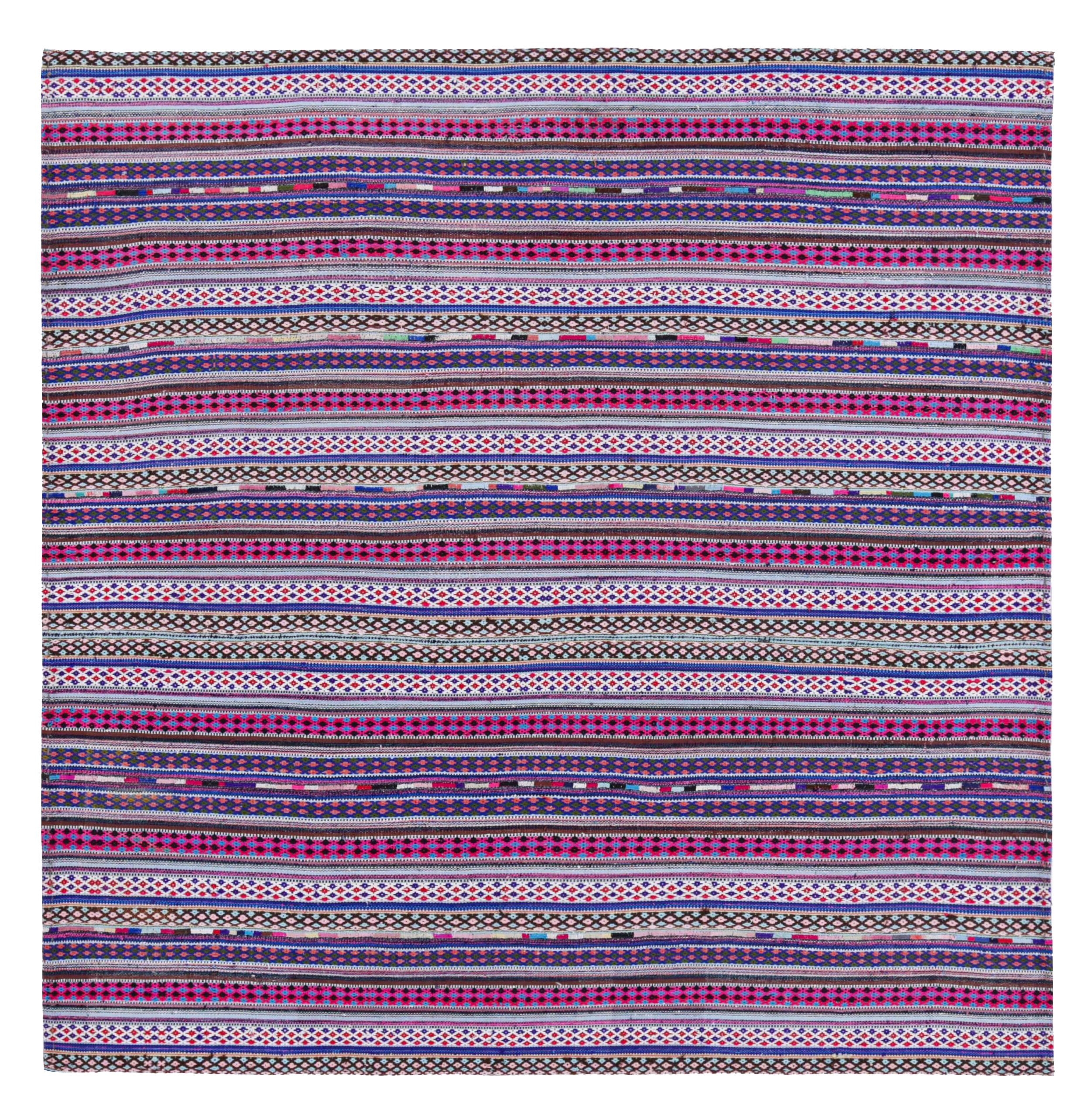 Persian multicolor navy red and ivory tribal square area antique rug with horizontal geometric stripe motifs SKU 91342